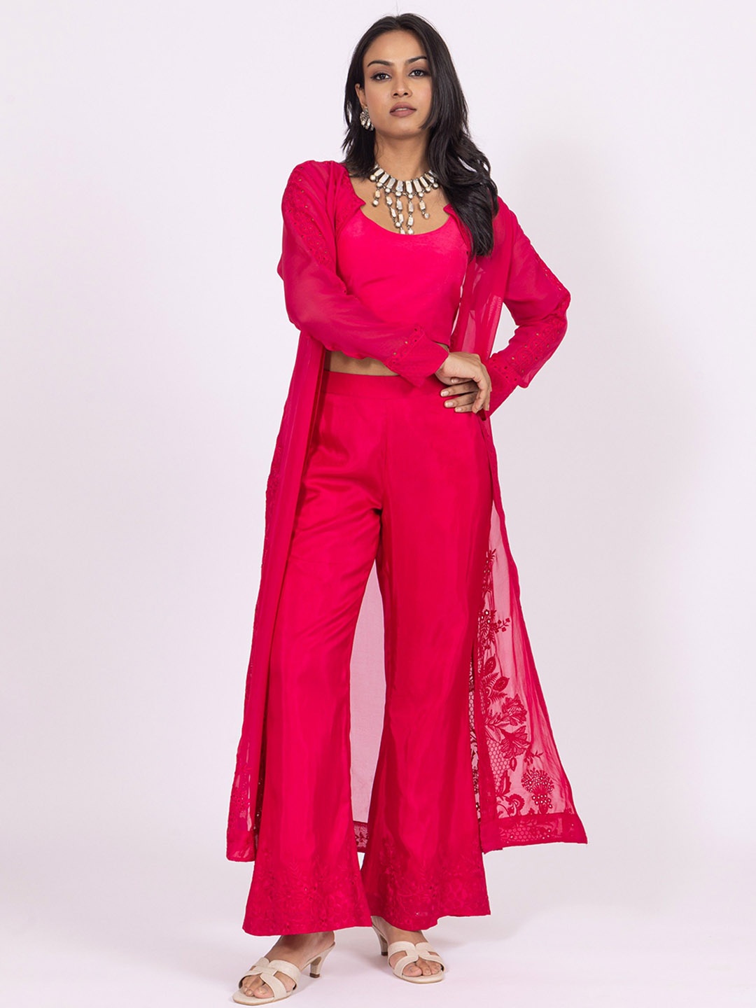 

Label Naariti Embroidered Round Neck Top Shrug With Trousers Co-Ords Set, Pink