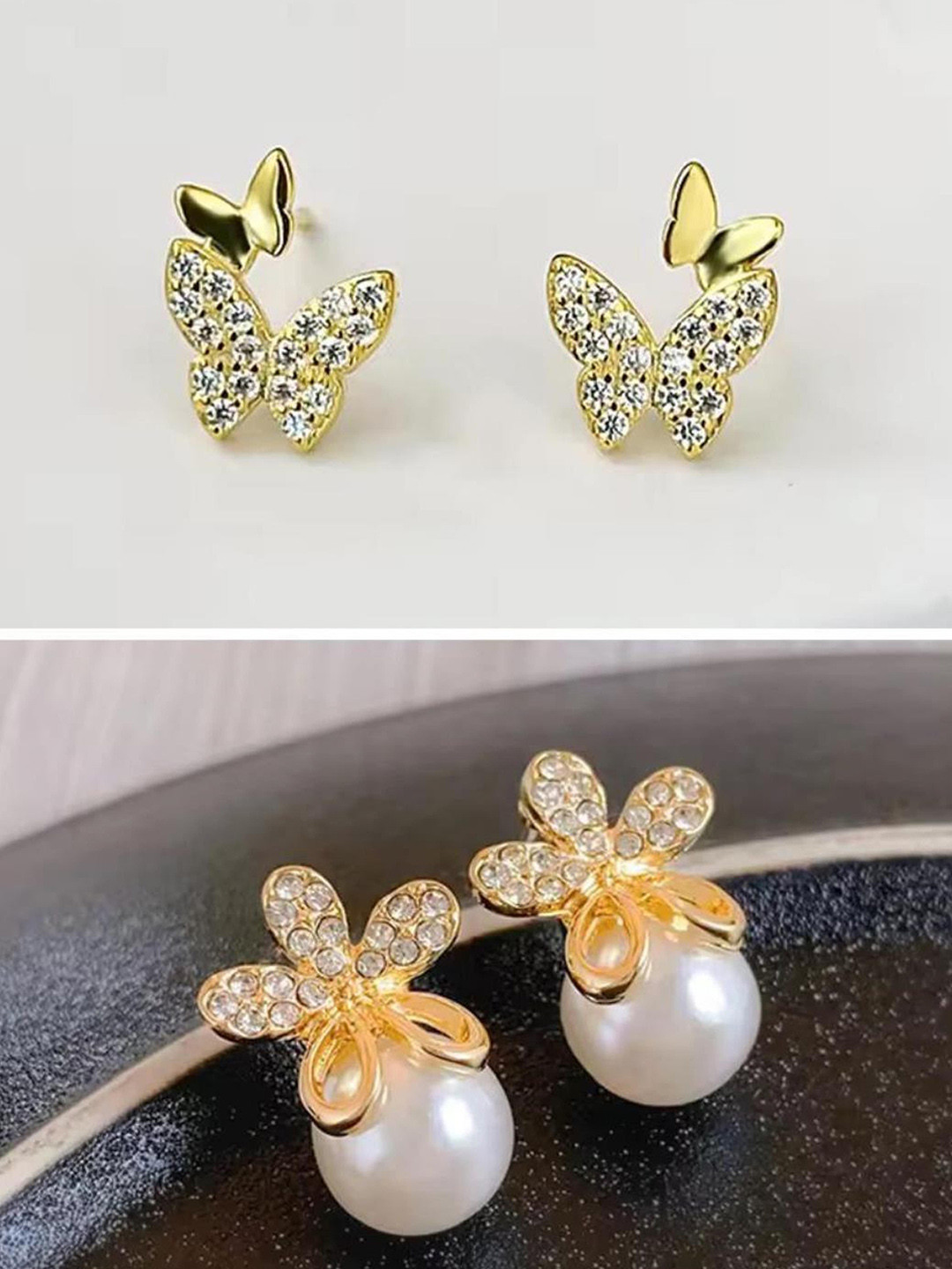 

MADDY SPACE Set Of 2 Gold-Plated Butterfly Shaped Artificial Stones Chunky Korean Studs