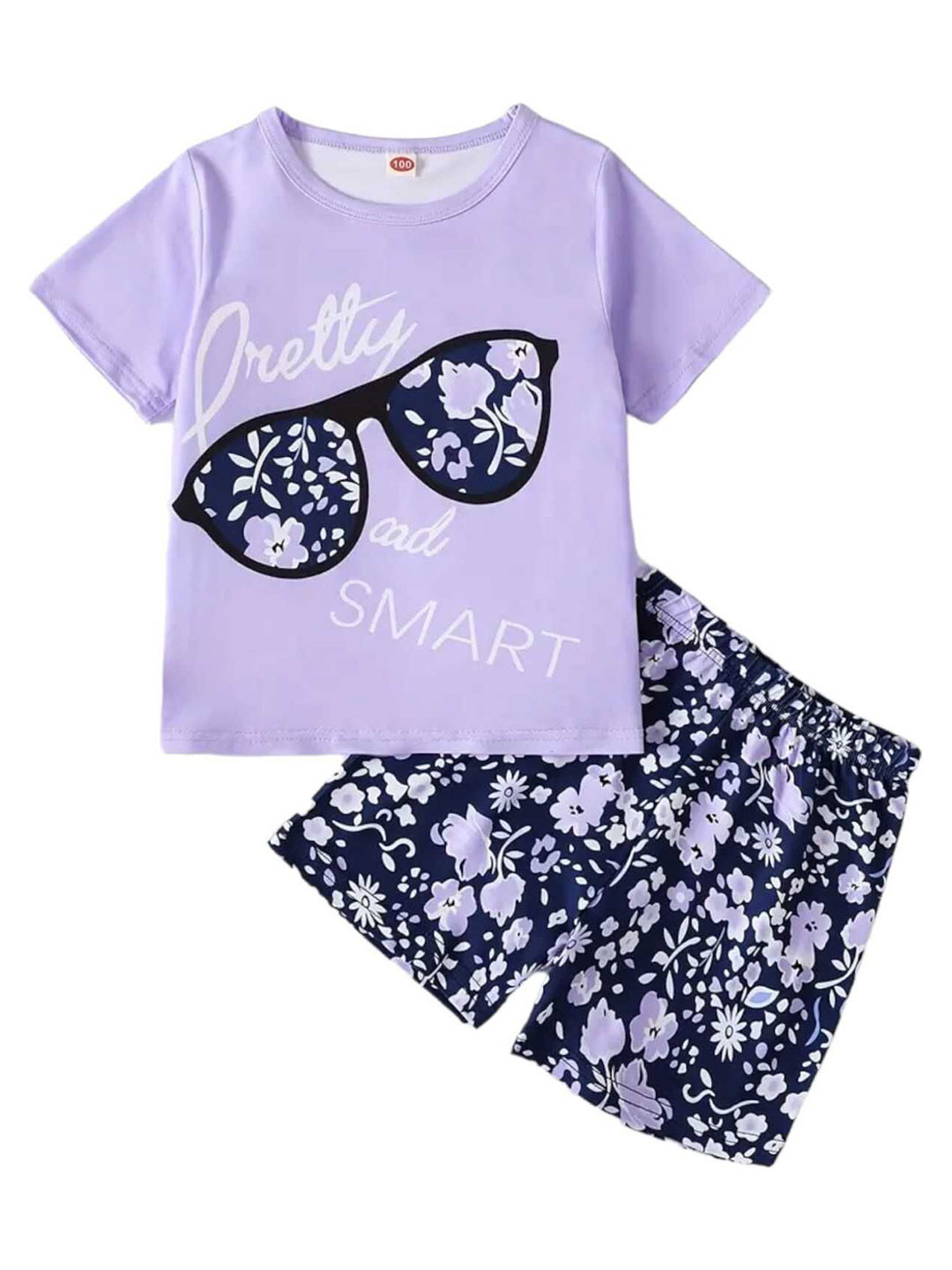 

KEESOR Girls Printed Round Neck Pure Cotton T-shirt With Shorts, Purple