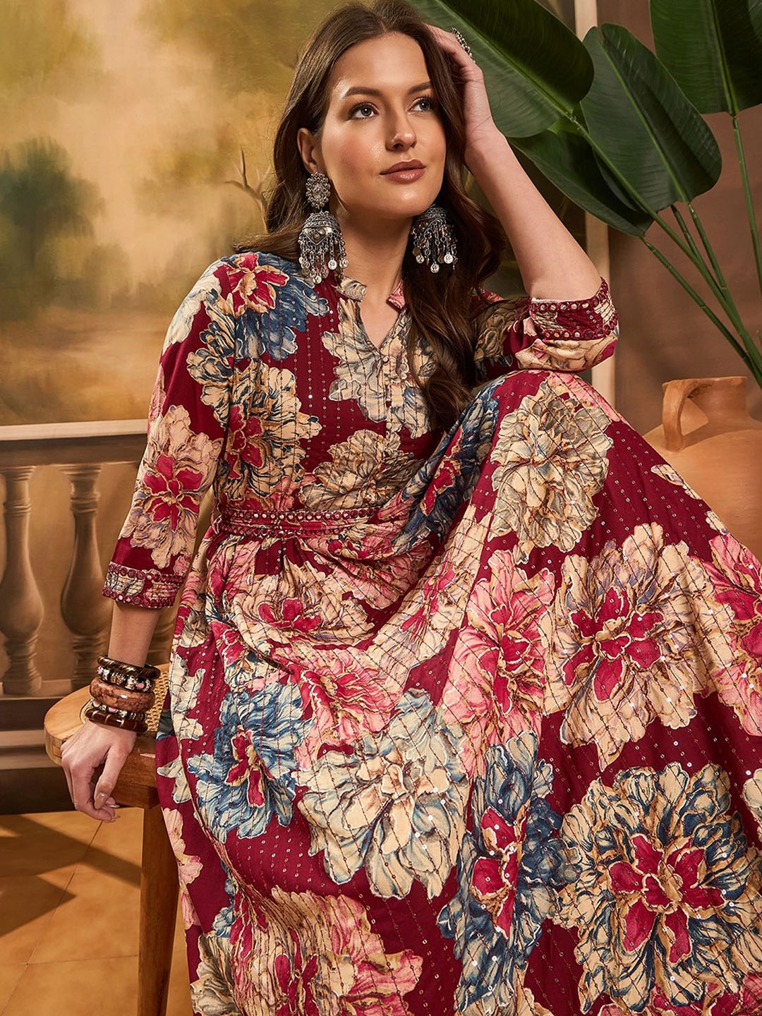 

Sangria Women Floral Printed Anarkali Kurta, Burgundy