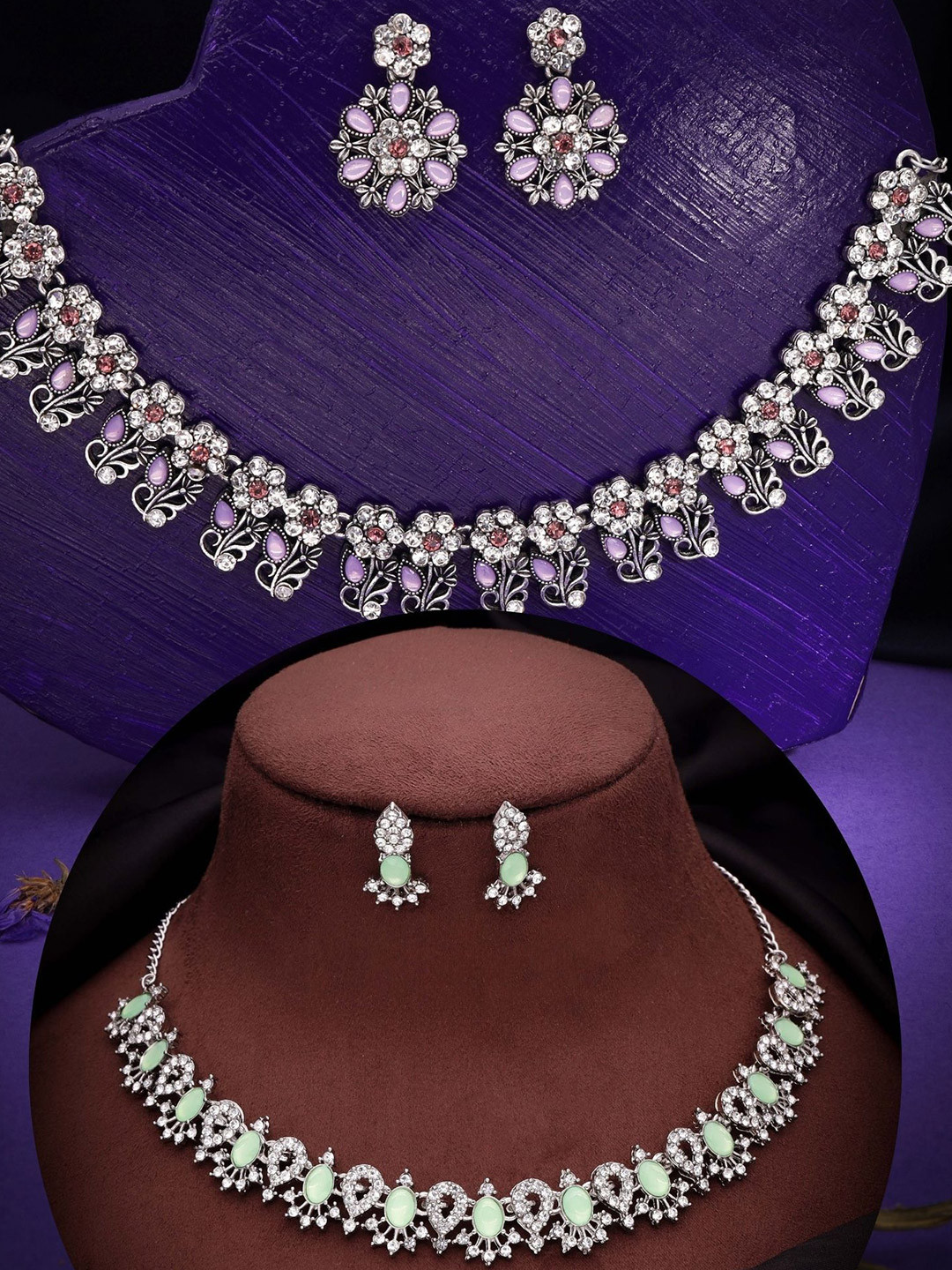 

DIVASTRI Set Of 2 Silver Plated American Diamonds Studded Jewellery Set