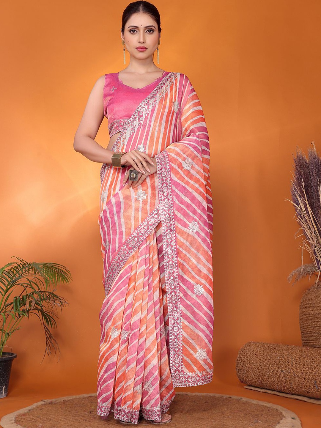 

FABMORA Embellished Sequinned Tissue Saree, Pink