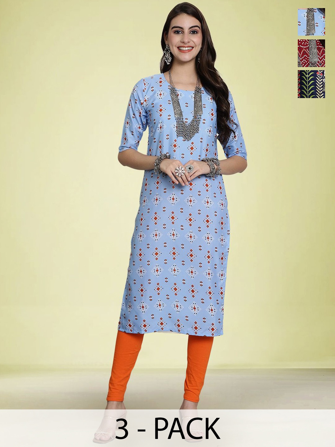 

Moda Rapido Selection Of 3 Geometric Printed Round Neck Straight Kurtas, Blue