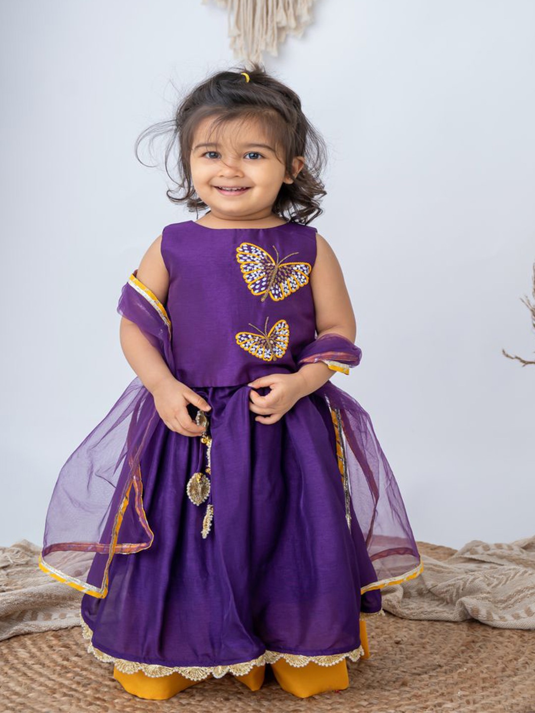 

LABEL NEETI Girls Ready to Wear Embroidered Butterly Blouse & Lehenga With Dupatta, Purple