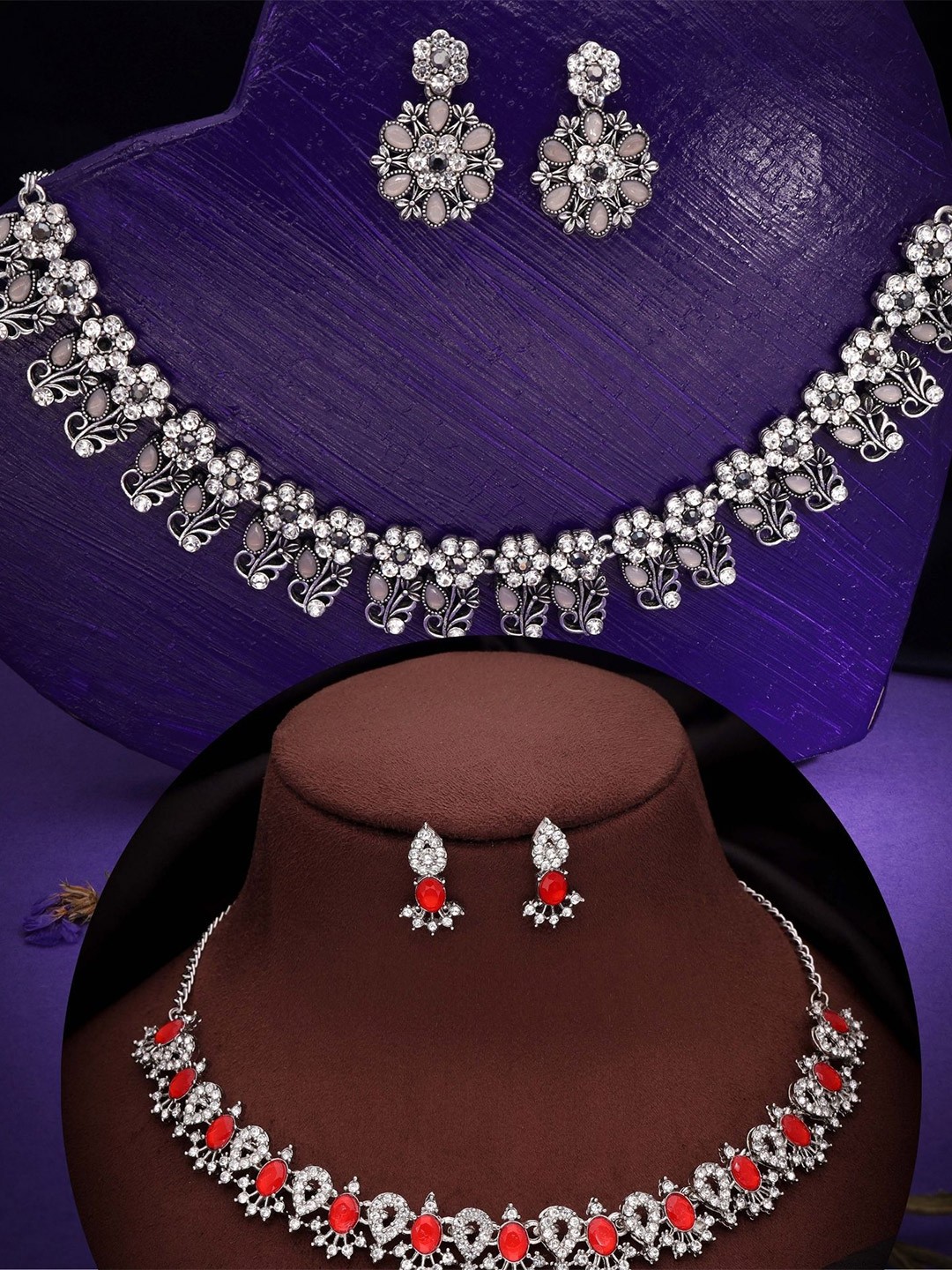

DIVASTRI Set Of 2 Silver Plated American Diamond Studded Jewellery Set