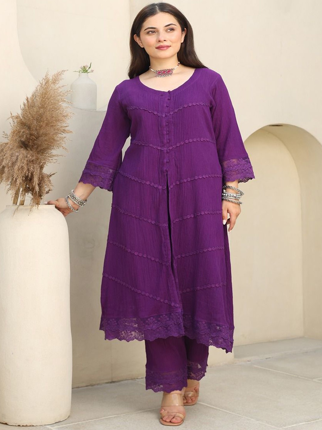 

ASRUMO Women Ethnic Motifs Embroidered Regular Thread Work Kurta with Trousers & With Dupatta, Purple