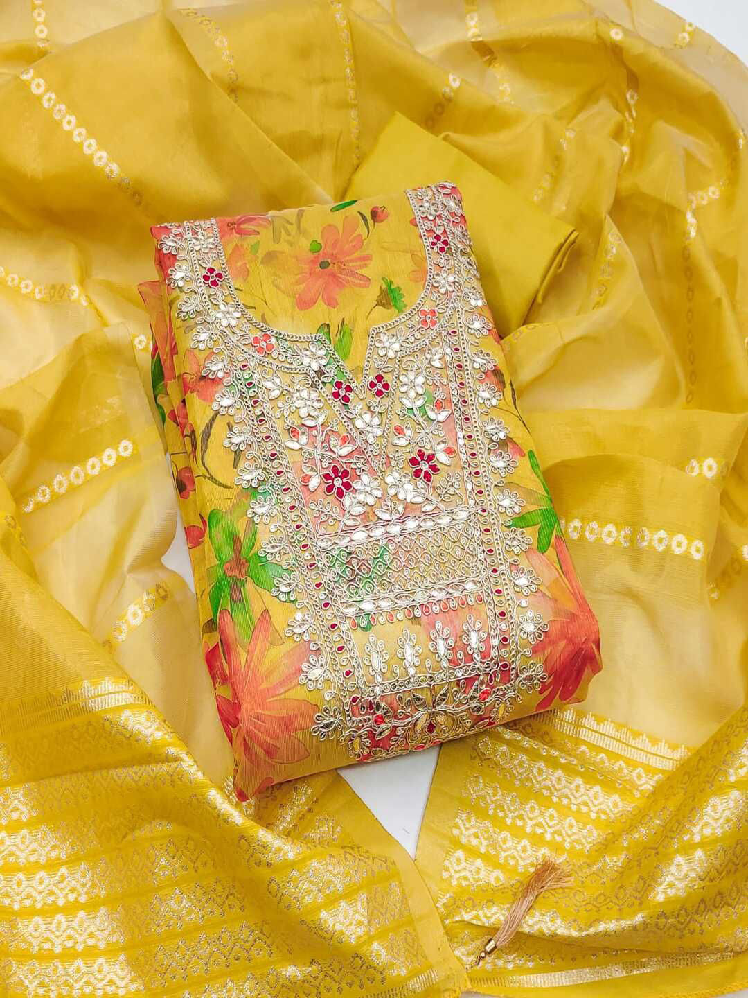 

SHIJILA Floral Printed Sequinned Unstitched Dress Material, Yellow