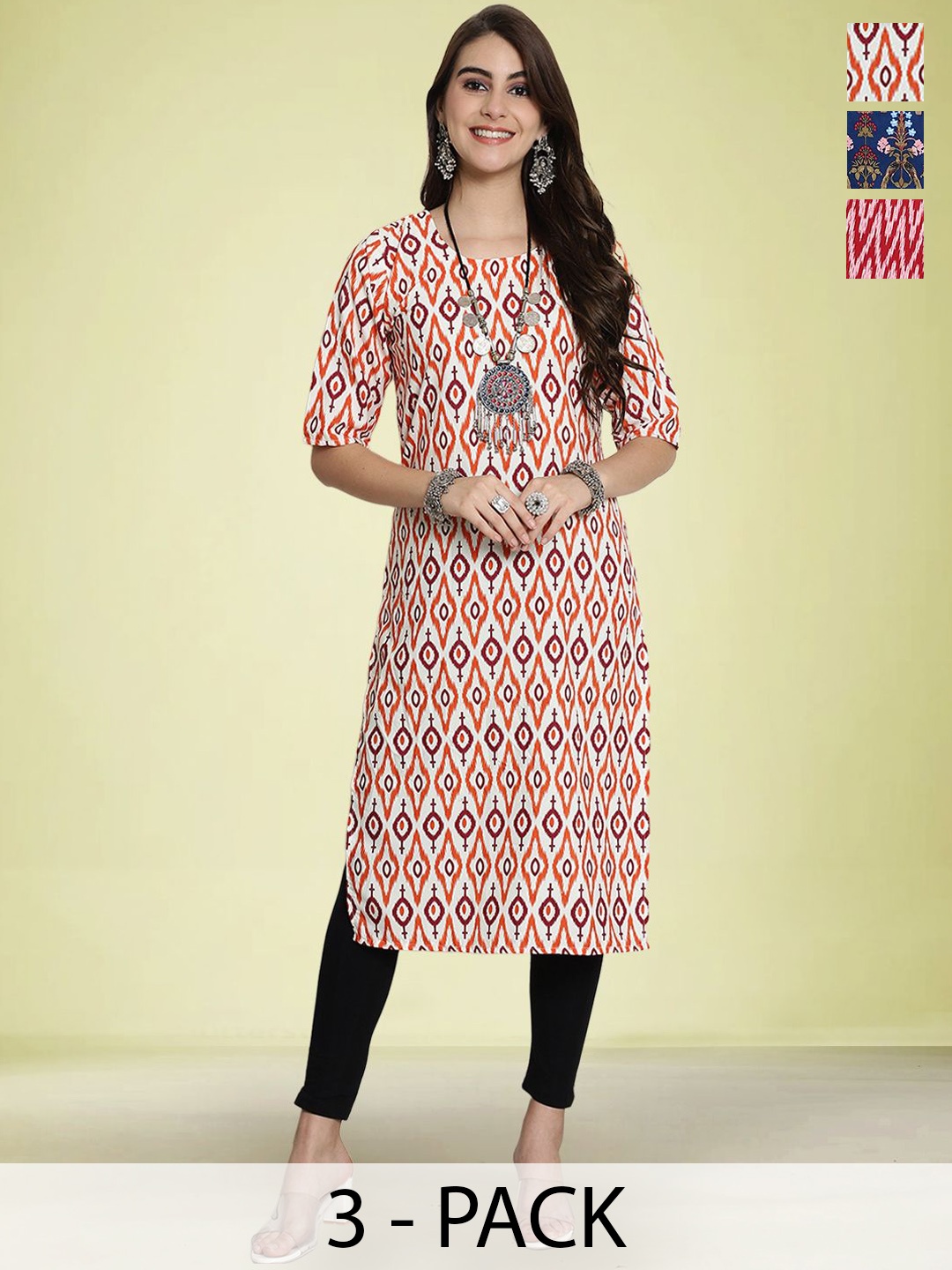 

Moda Rapido Selection Of 3 Geometric Printed Round Neck Straight Kurtas, Cream
