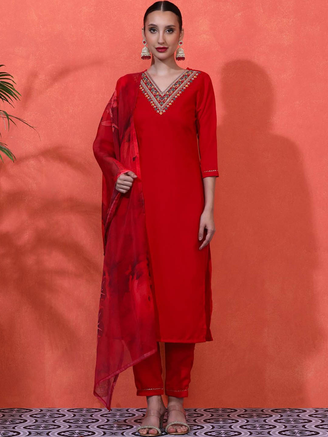 

Sangria Women Embroidered Straight Kurta With Trousers & Dupatta, Red