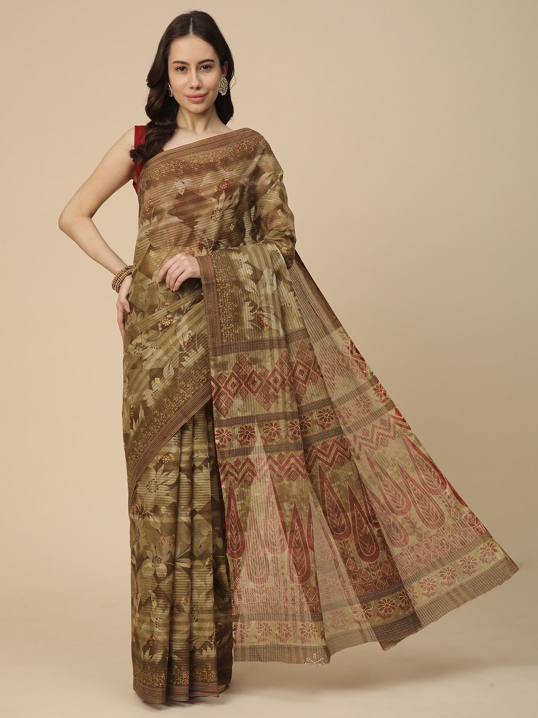 

RATAN Floral Pure Cotton Saree, Brown