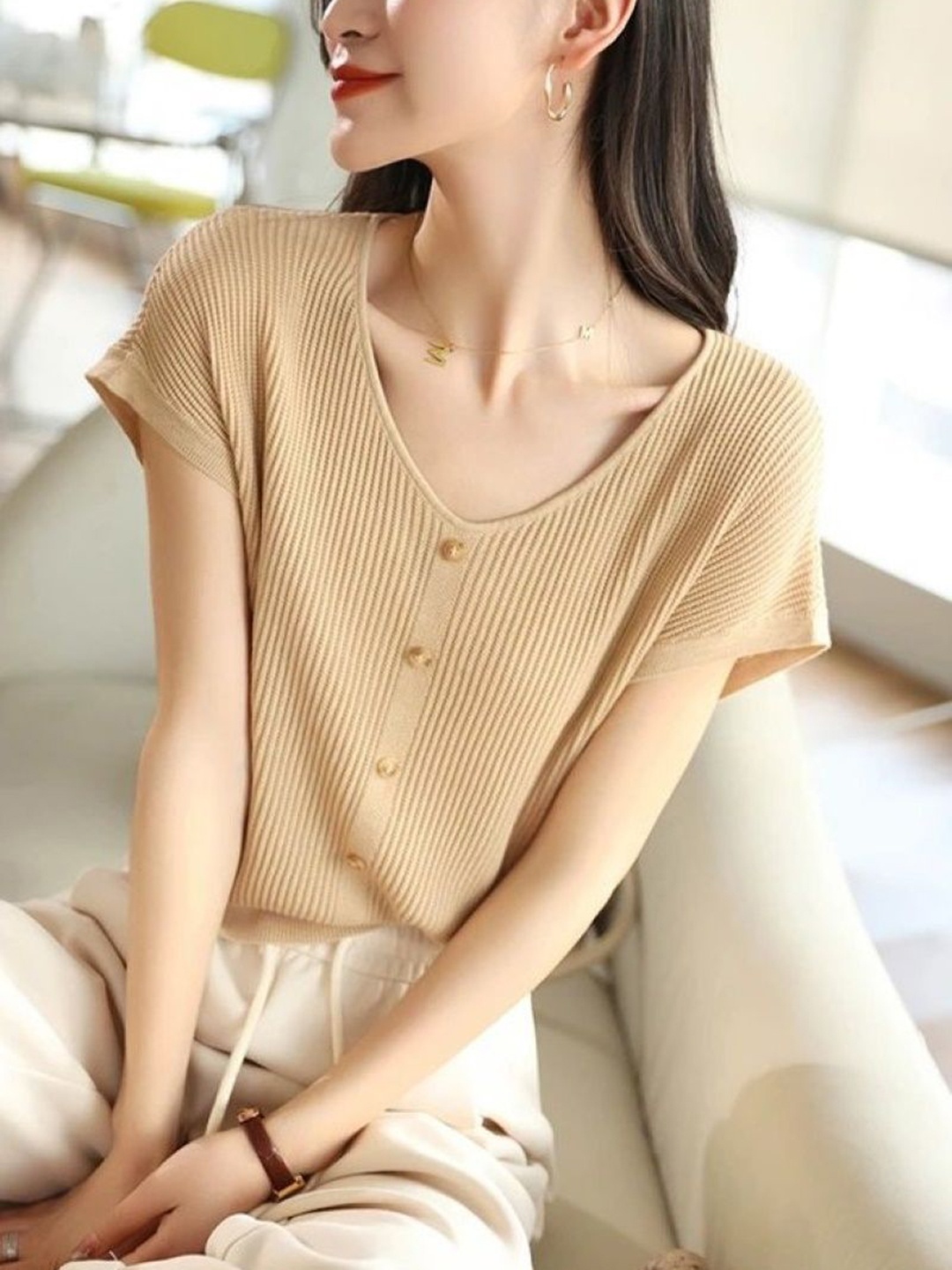 

StyleCast Women V-Neck T-shirt, Beige