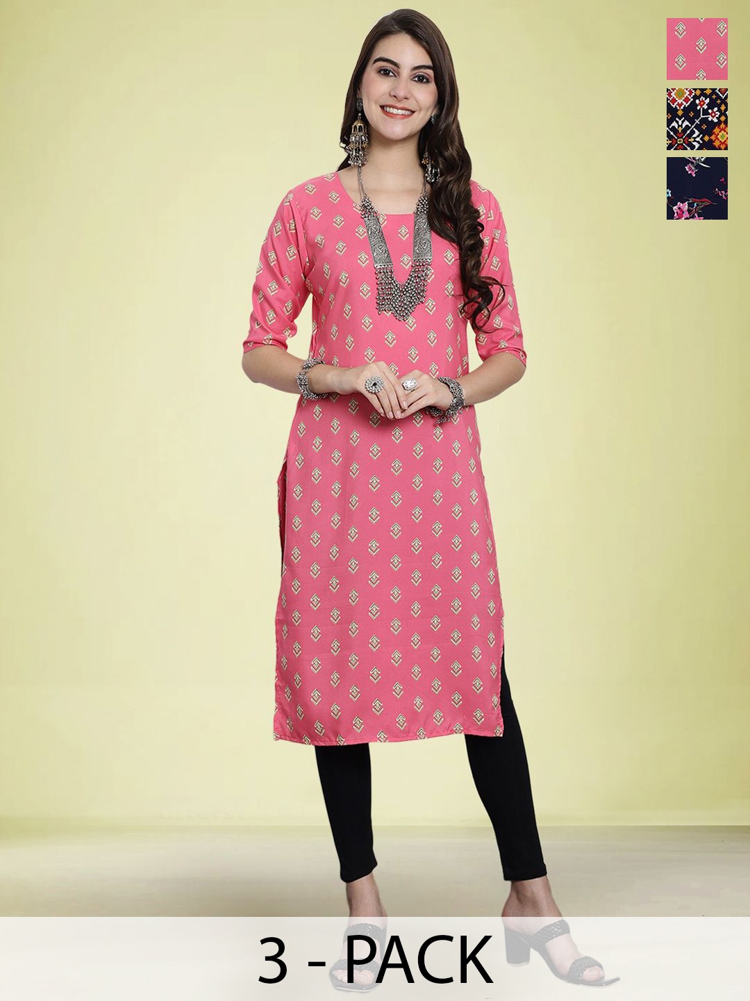 

Moda Rapido Selection Of 3 Floral Printed Round Neck Straight Kurtas, Blue
