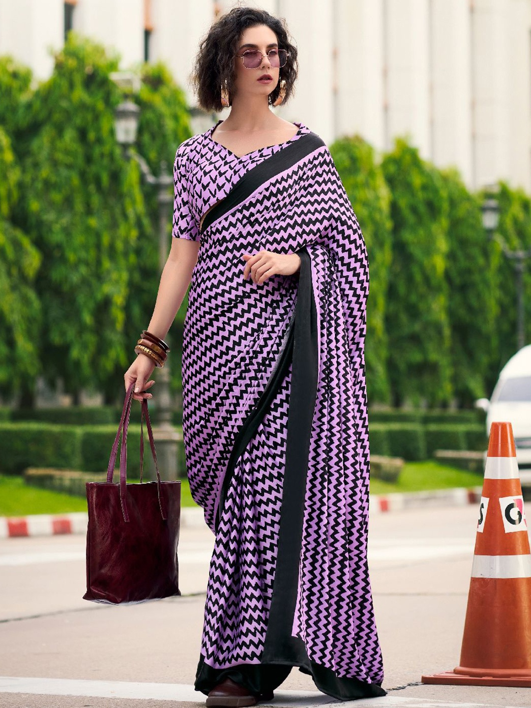 

DIVASTRI Striped Satin Saree, Lavender