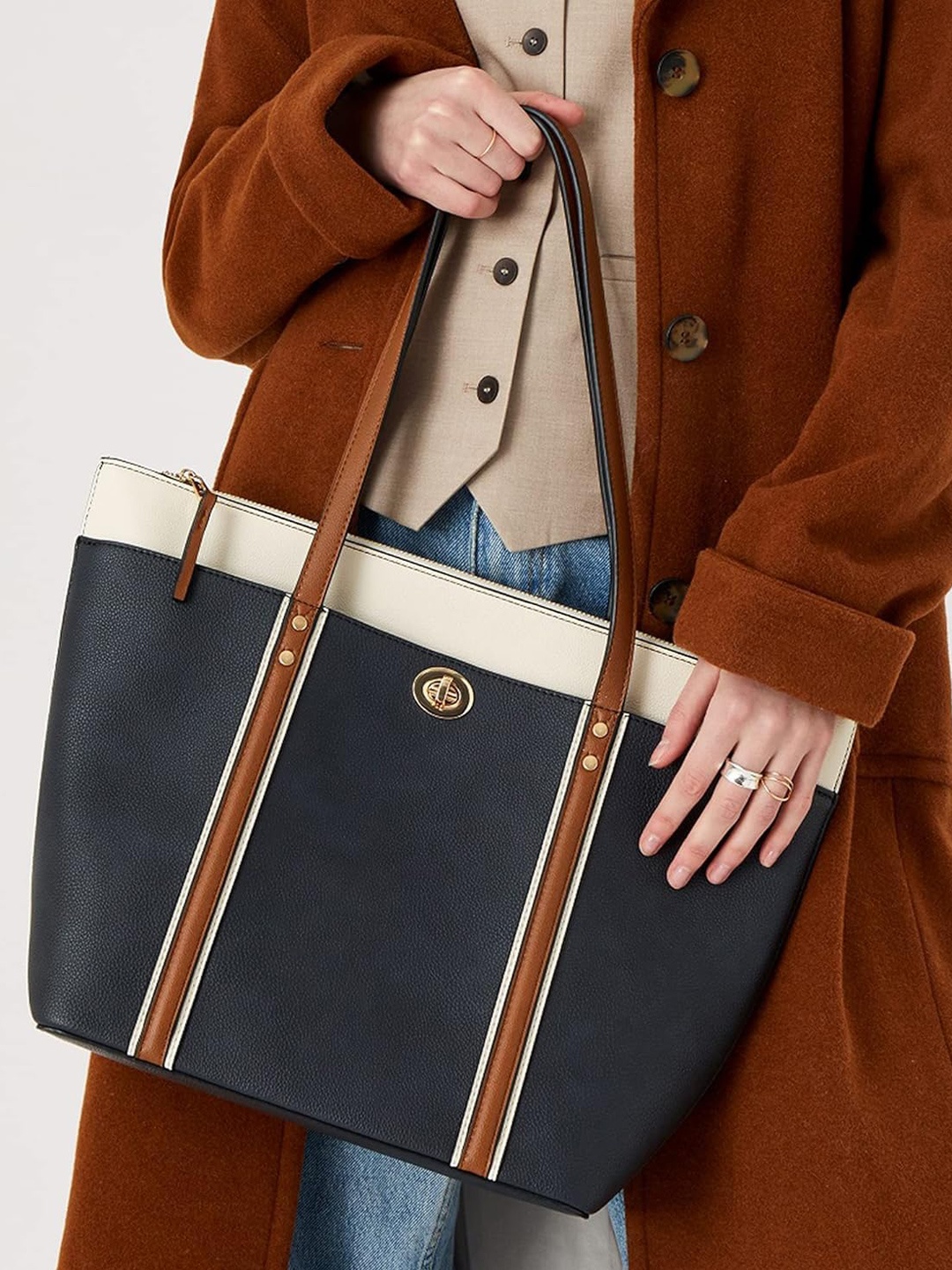 

ITALISH Embellished Leather Oversized Bucket Tote Bag with Tasselled, Navy blue
