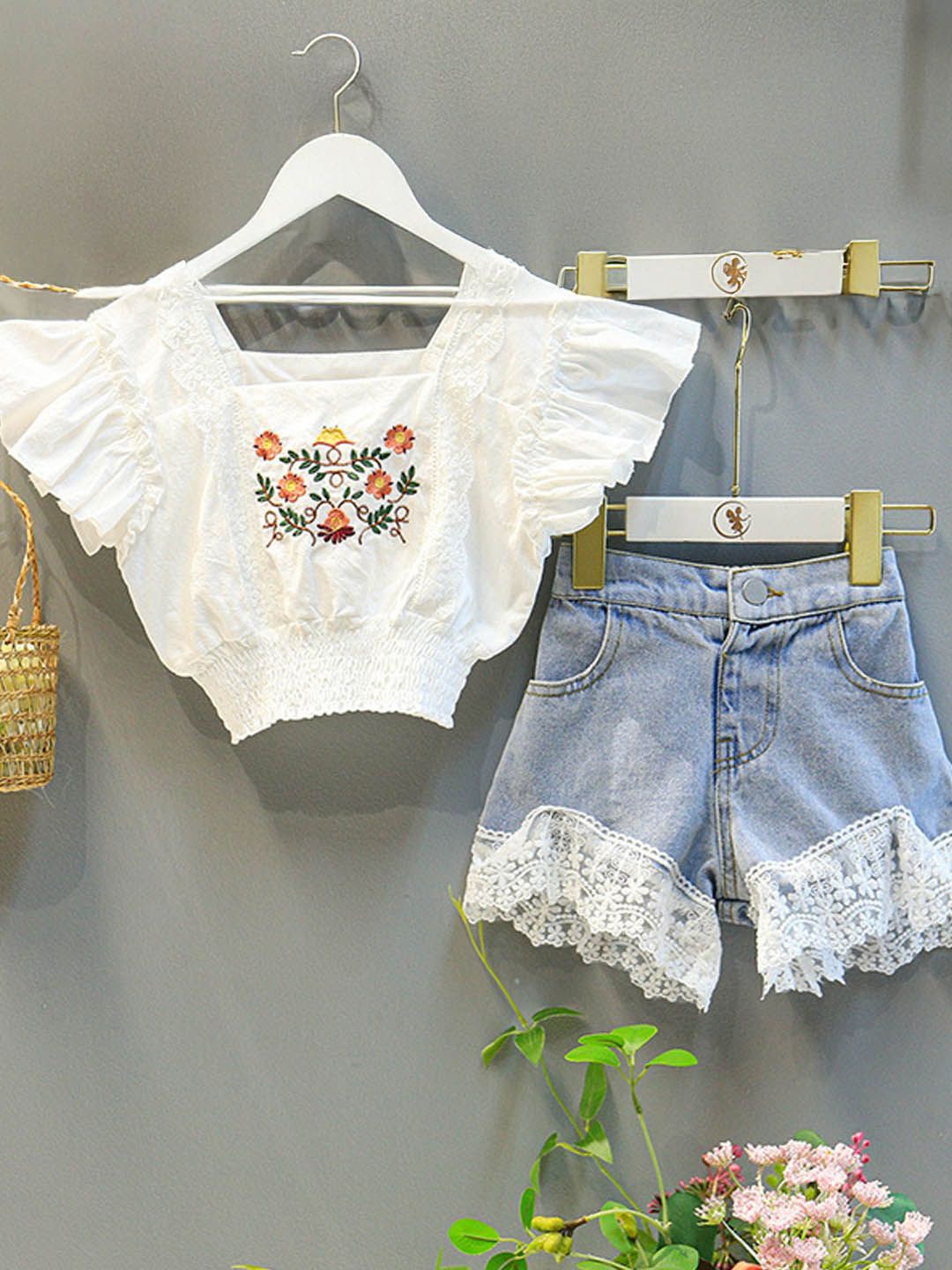

Xsole Girls Floral Embroidered Top With Shorts, White