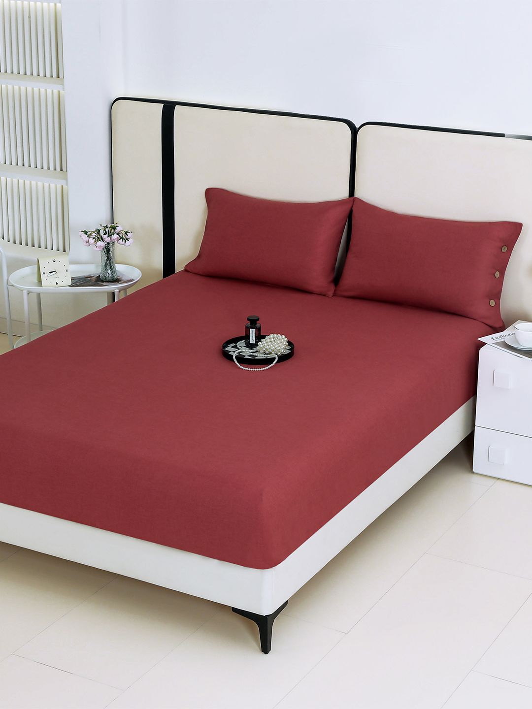 

Story@home Buttonique Red Cotton 240 TC King Bedsheet with 2 Pillow Covers-2.5 m X 2.7 m