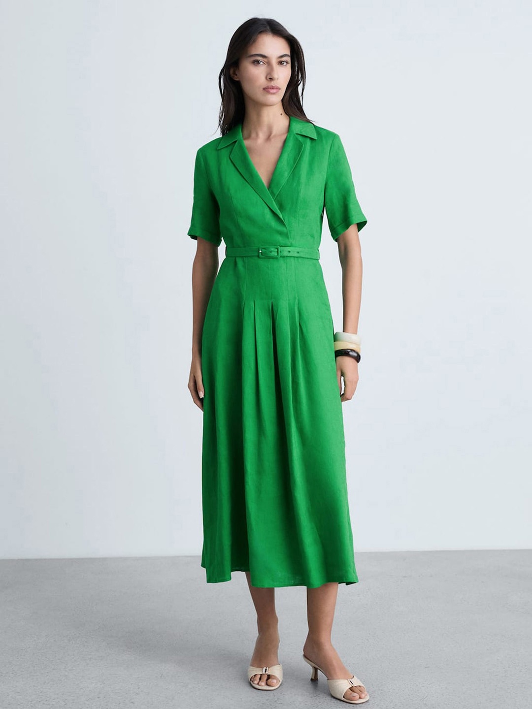

MANGO Lapel Collar Pleated Linen Fit & Flare Midi Dress, Green