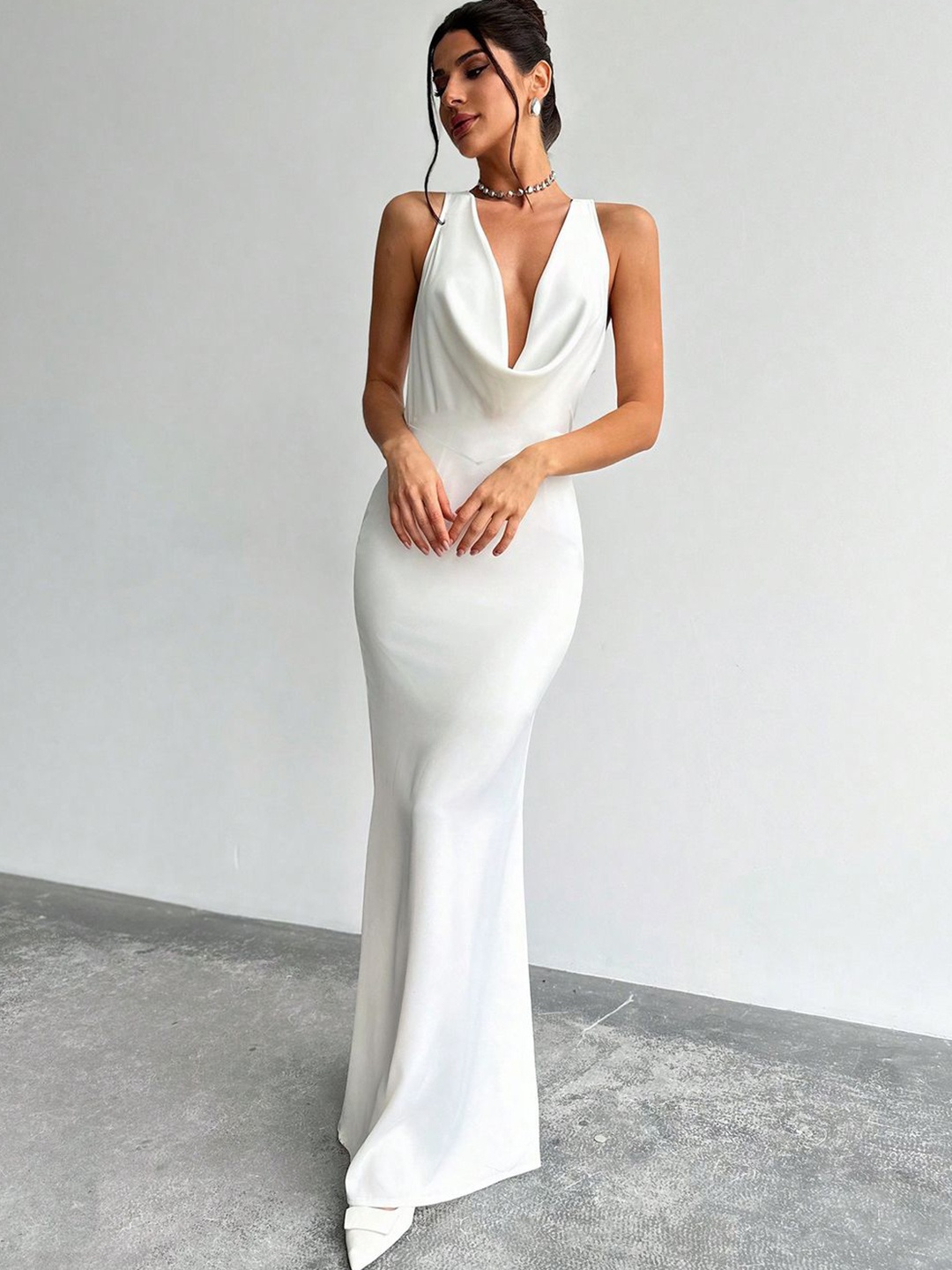 

CLAFOUTIS Cowl Neck Crepe A-Line Maxi Dress, White