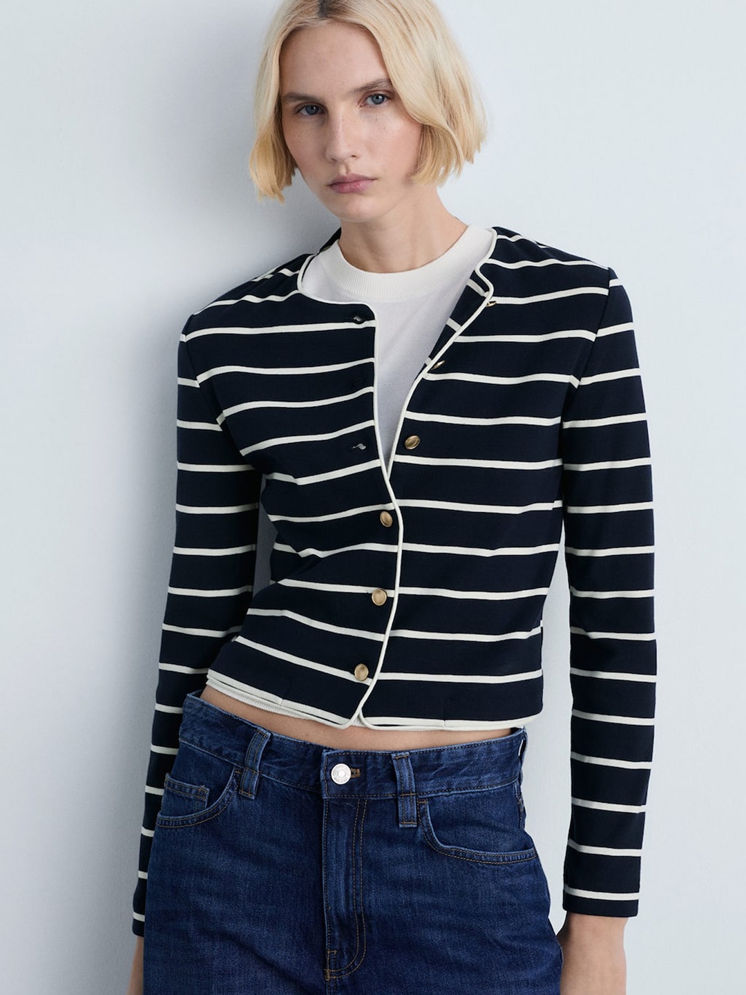 

MANGO Horizontally Striped Pure Cotton Button-Up Cardigan, Navy blue