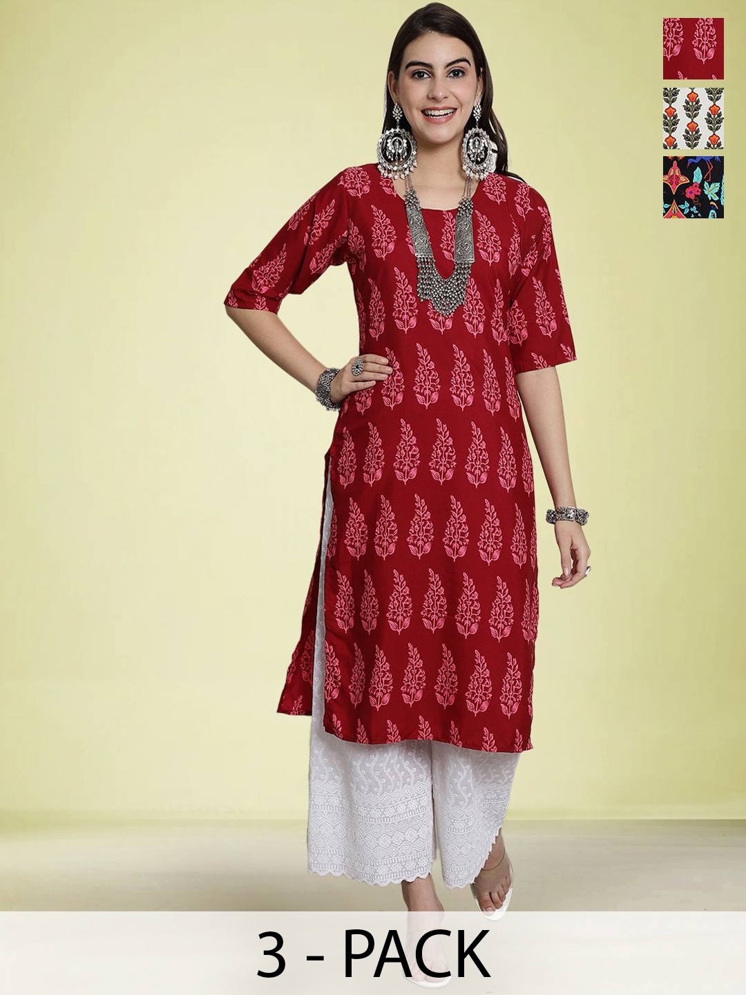 

Moda Rapido Selection Of 3 Floral Printed Round Neck Straight Kurtas, Red