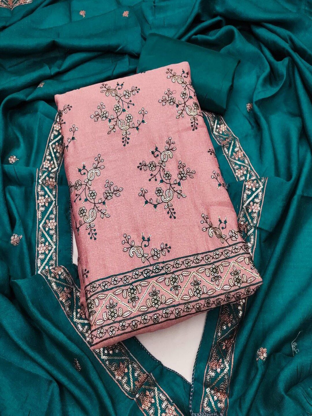 

SHIJILA Floral Embellished Sequinned Unstitched Dress Material, Peach