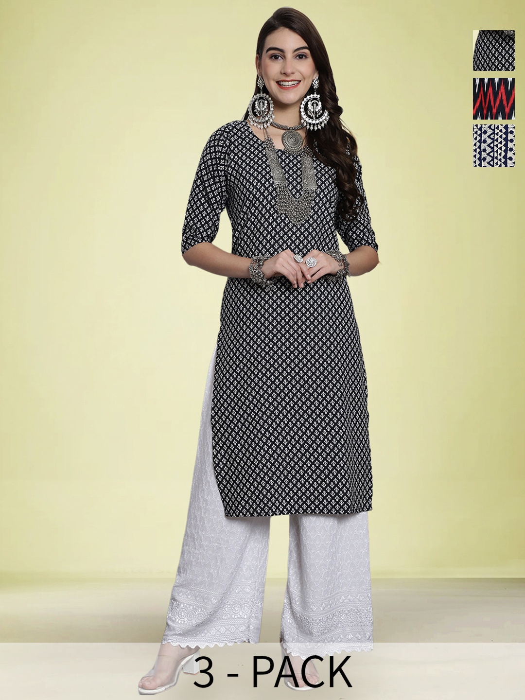 

Moda Rapido Selection Of 3 Floral Printed Round Neck Straight Kurtas, Black