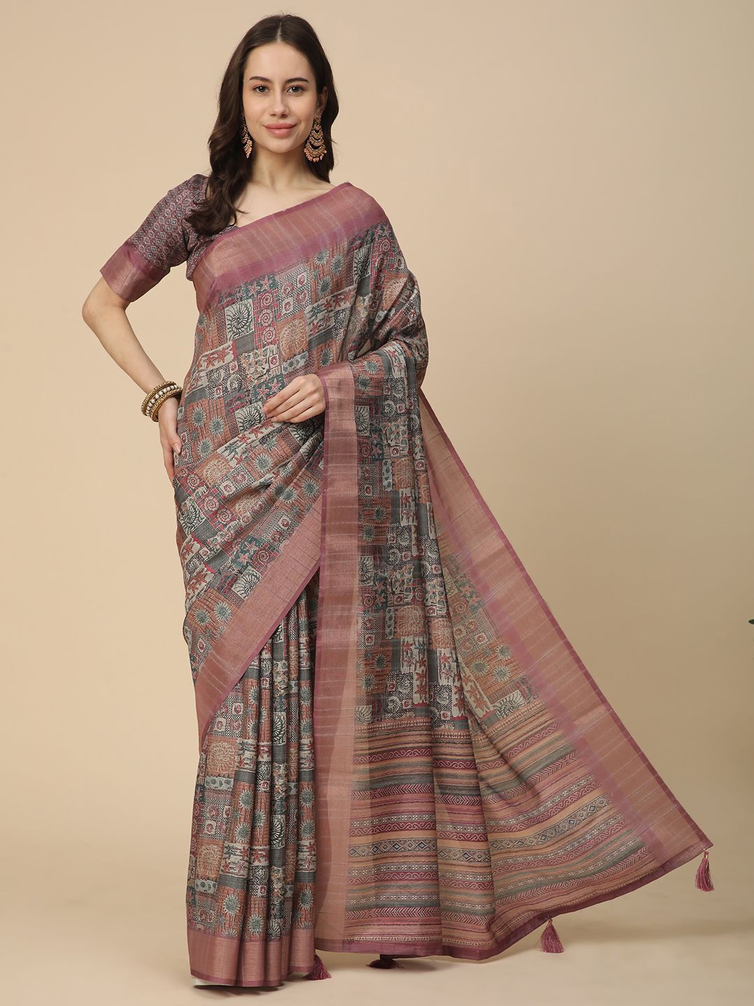 

RATAN Floral Zari Art Silk Saree, Grey