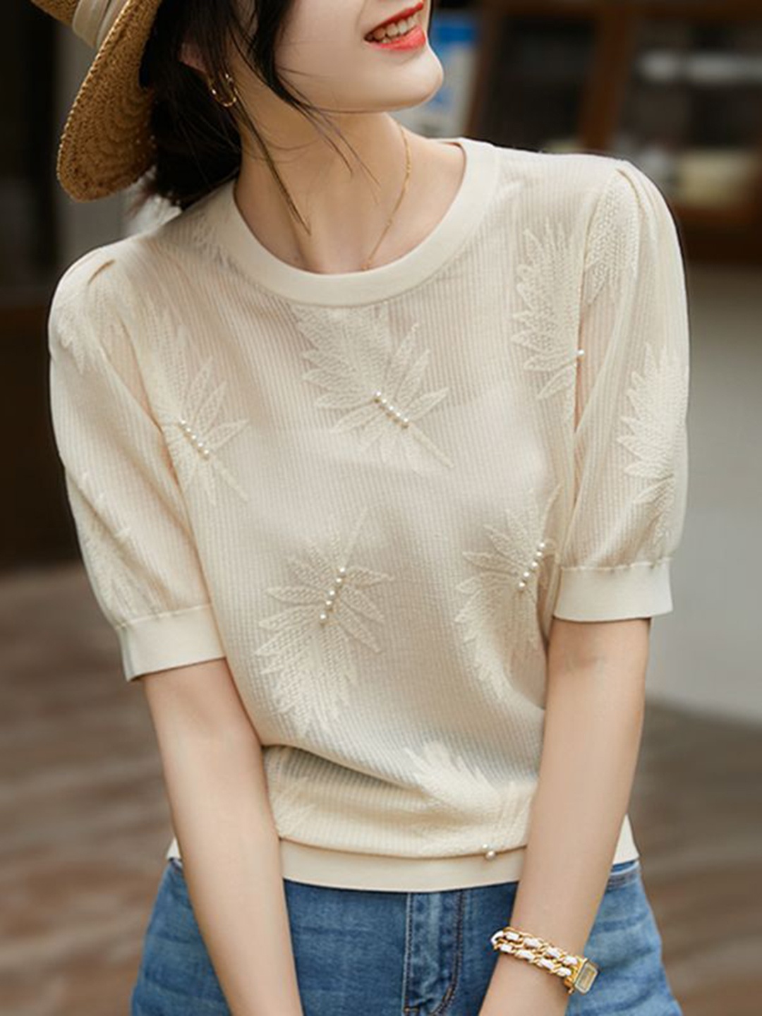 

StyleCast Women Puff Sleeves T-shirt, Cream