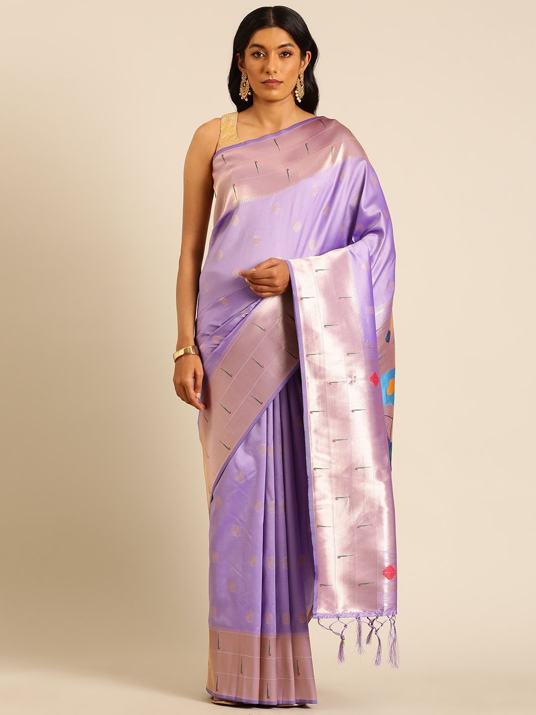 

DIVASTRI Woven Design Zari Silk Blend Designer Paithani Saree, Lavender