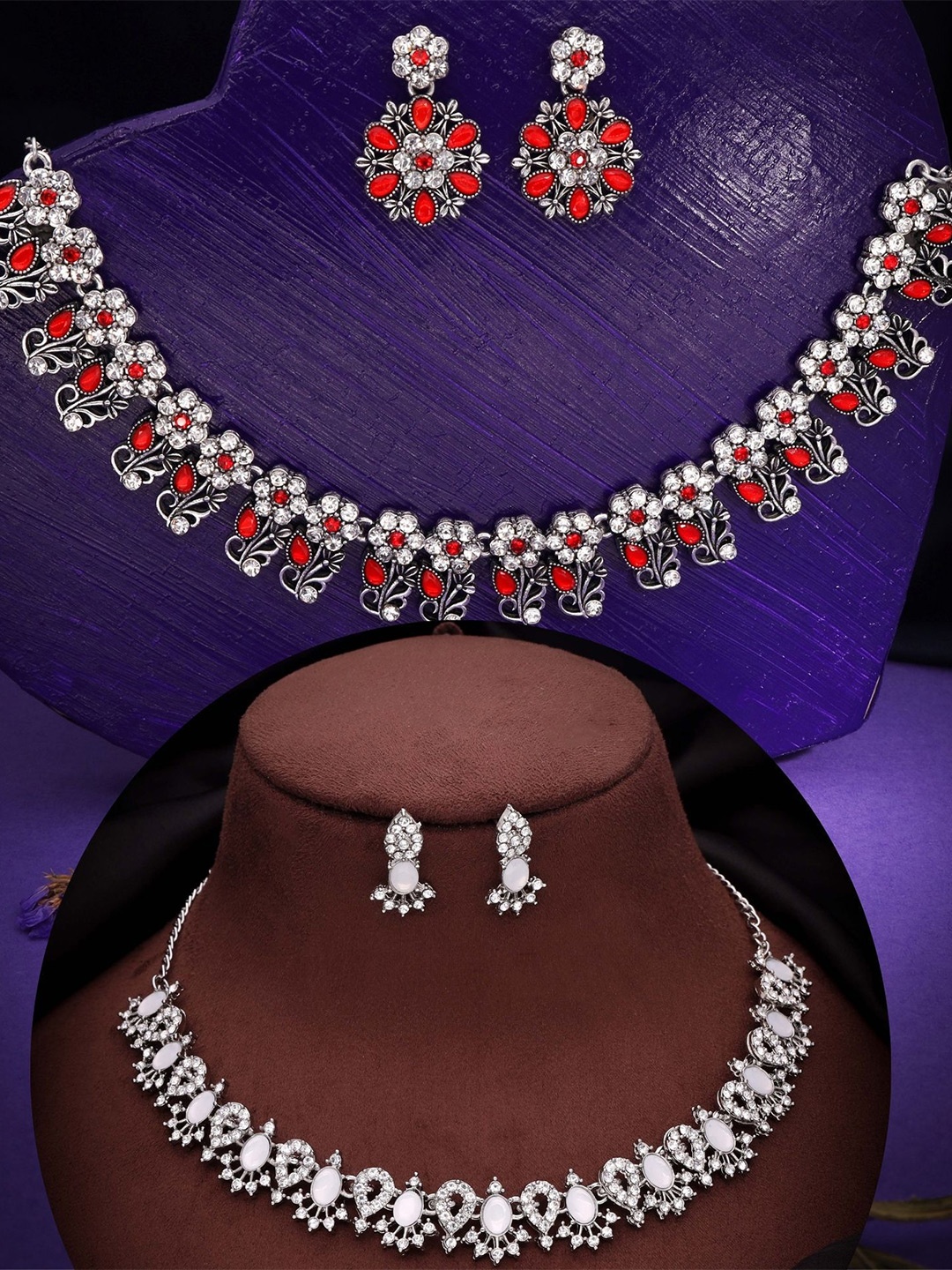 

DIVASTRI Set Of 2 Silver Plated American Diamonds Studded Jewellery Set, Gold