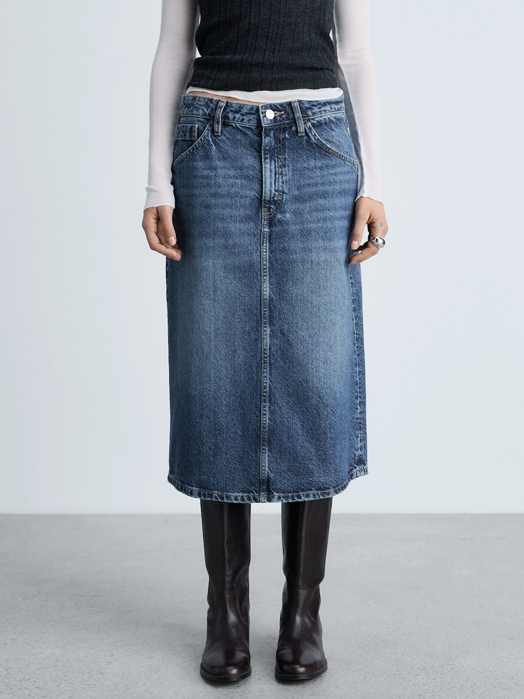 

MANGO Pure Cotton Denim Straight Midi Skirt, Blue