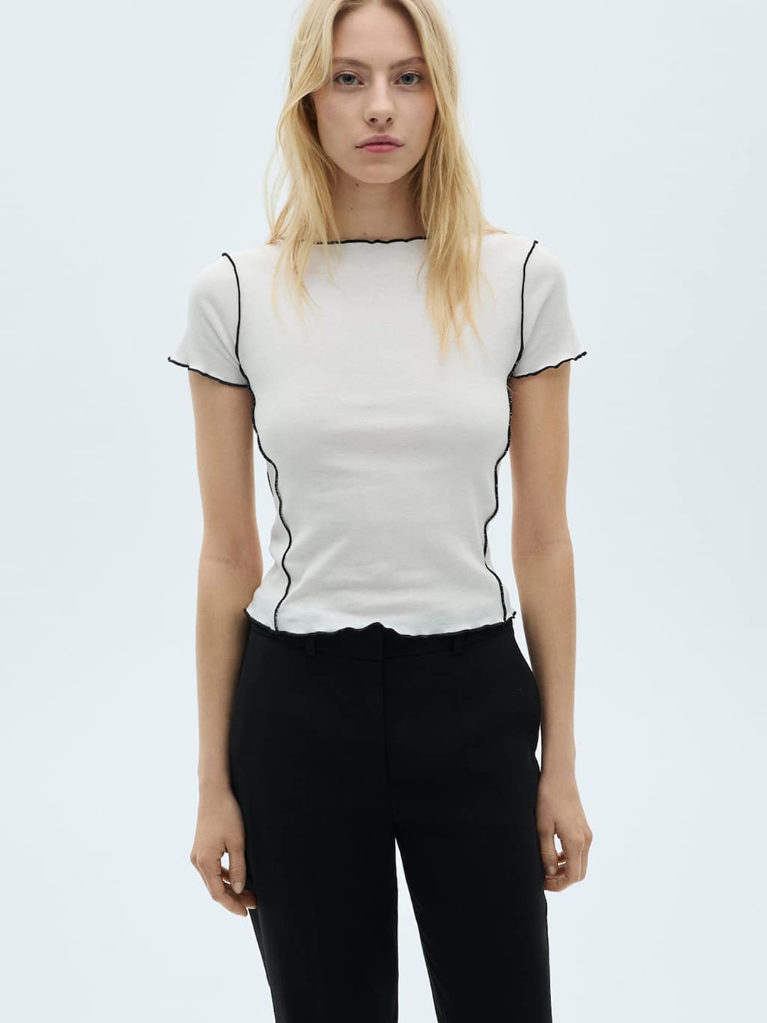 

MANGO Pure Cotton Casual T-shirt Contrasting Trim, Off white