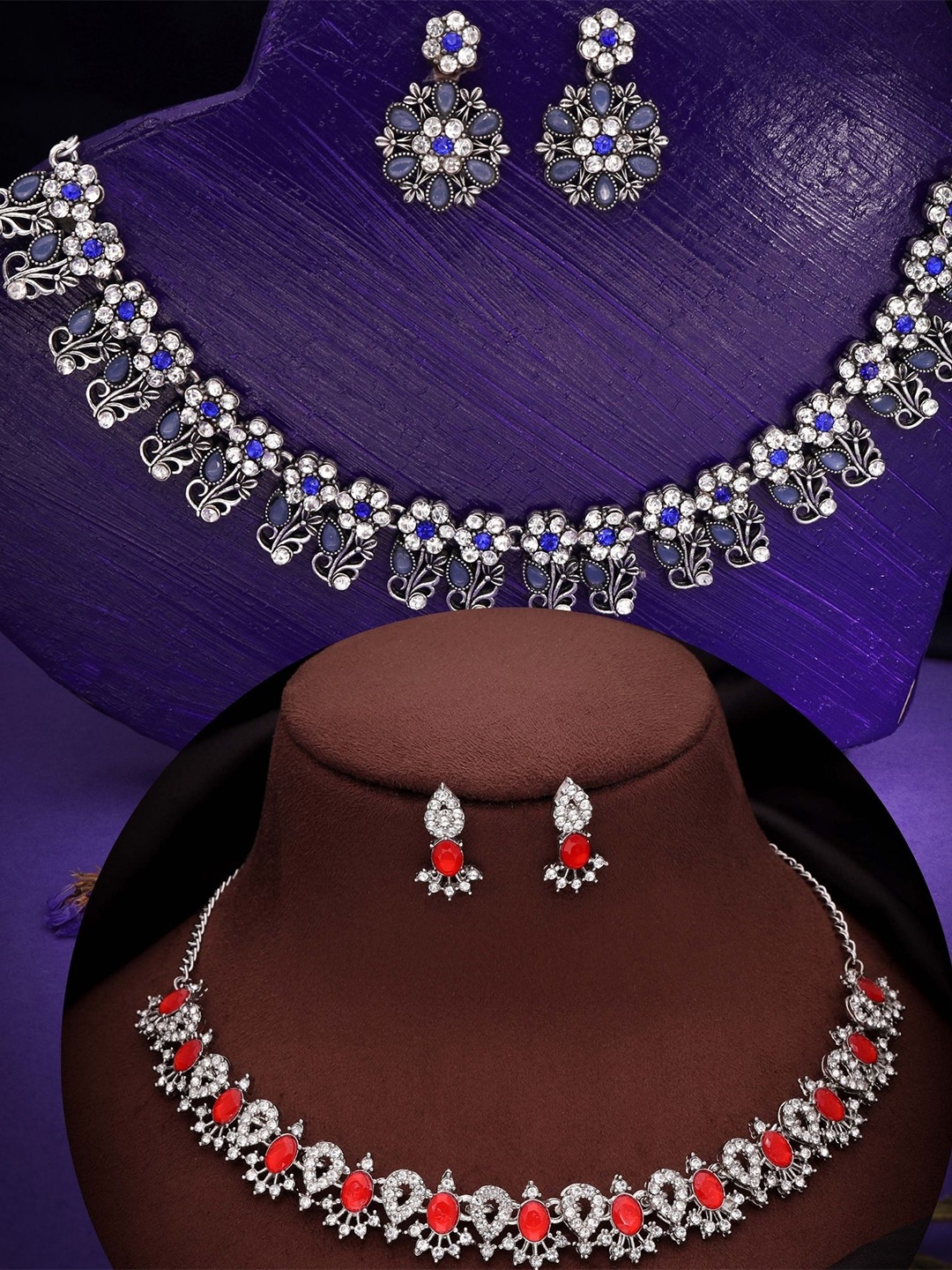

DIVASTRI Set Of 2 Silver Plated American Diamond Studded Jewellery Sets