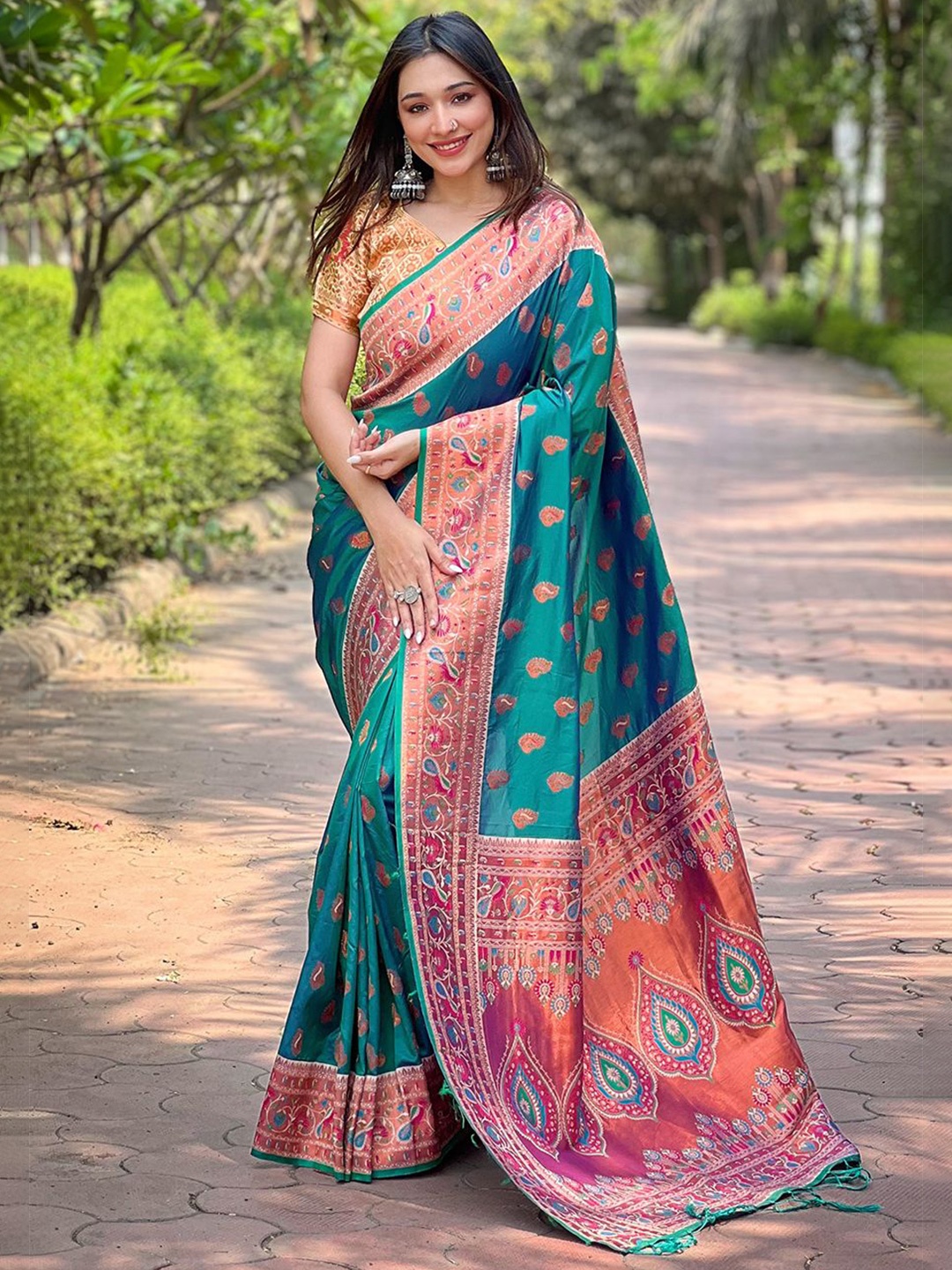 

all about you Woven Design Zari Silk Blend Paithani Saree, Sea green