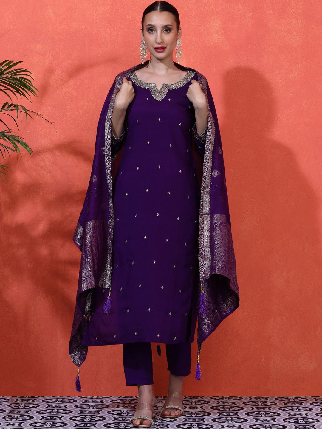 

Sangria Women Embroidered Straight Kurta With Trousers & Dupatta, Purple
