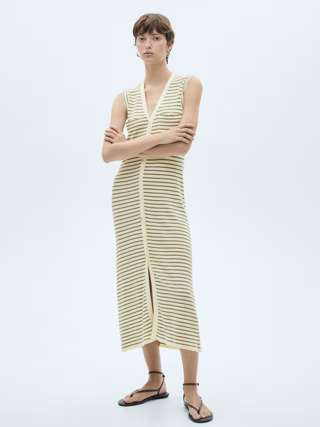 

MANGO Striped Bodycon Midi Dress with Front Slit, Cream