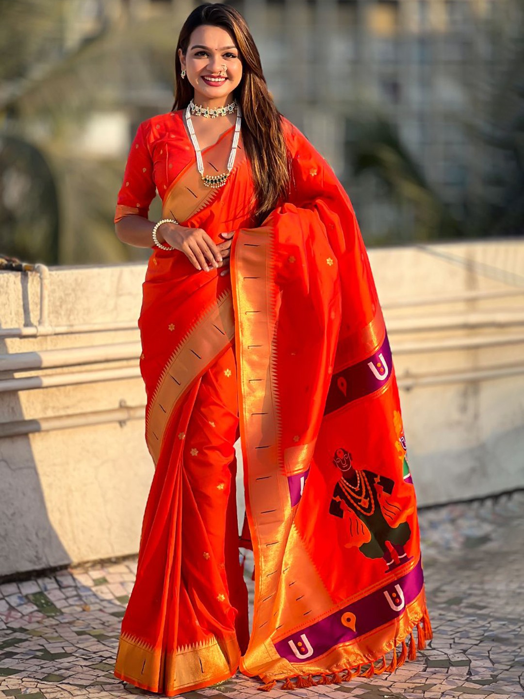 

all about you Woven Design Zari Silk Blend Paithani Saree, Orange