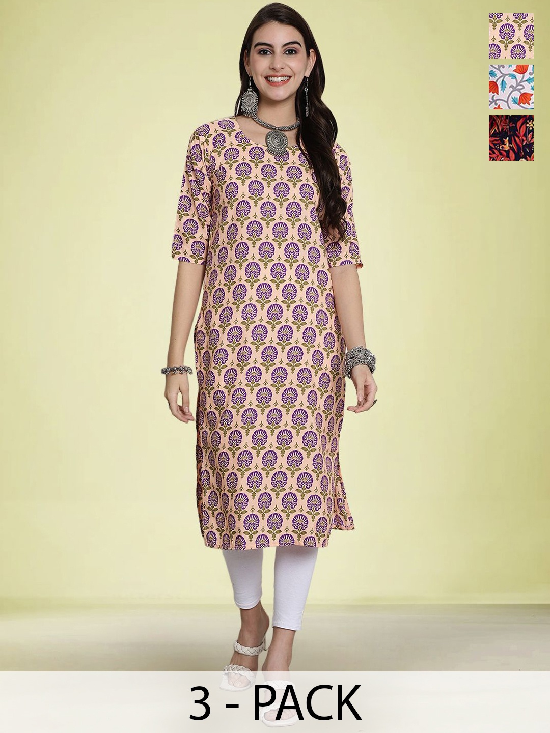 

Moda Rapido Selection Of 3 Floral Printed Round Neck Straight Kurtas, Peach