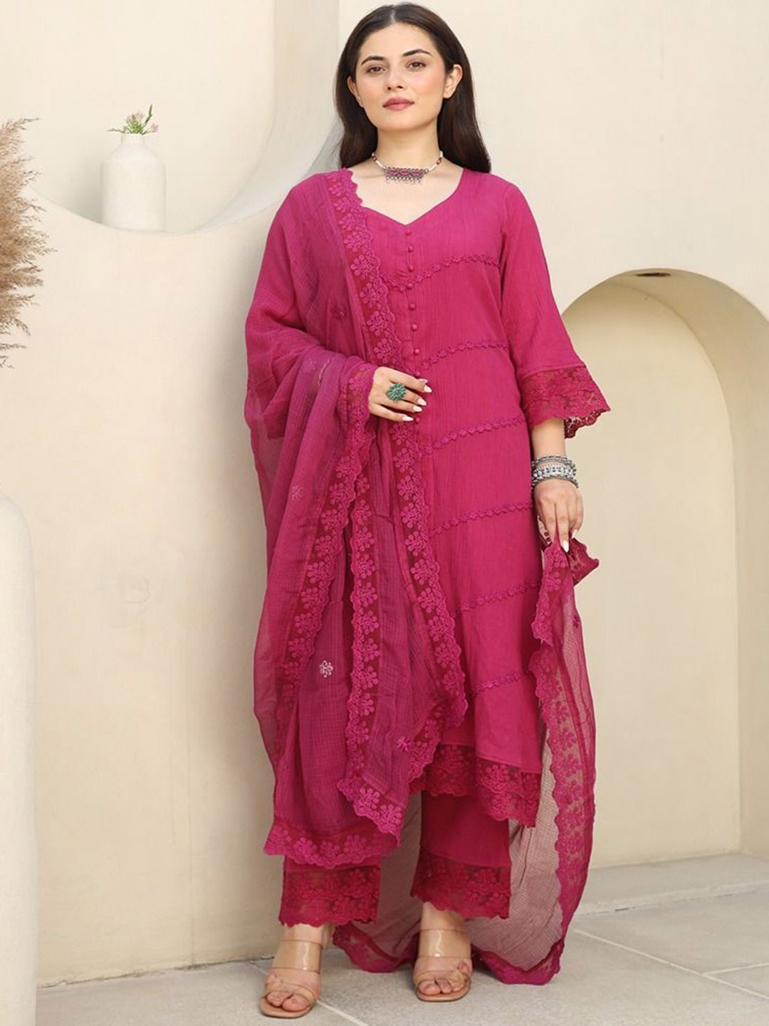 

ASRUMO Women Ethnic Motifs Embroidered Regular Thread Work Kurta with Trousers & With Dupatta, Pink