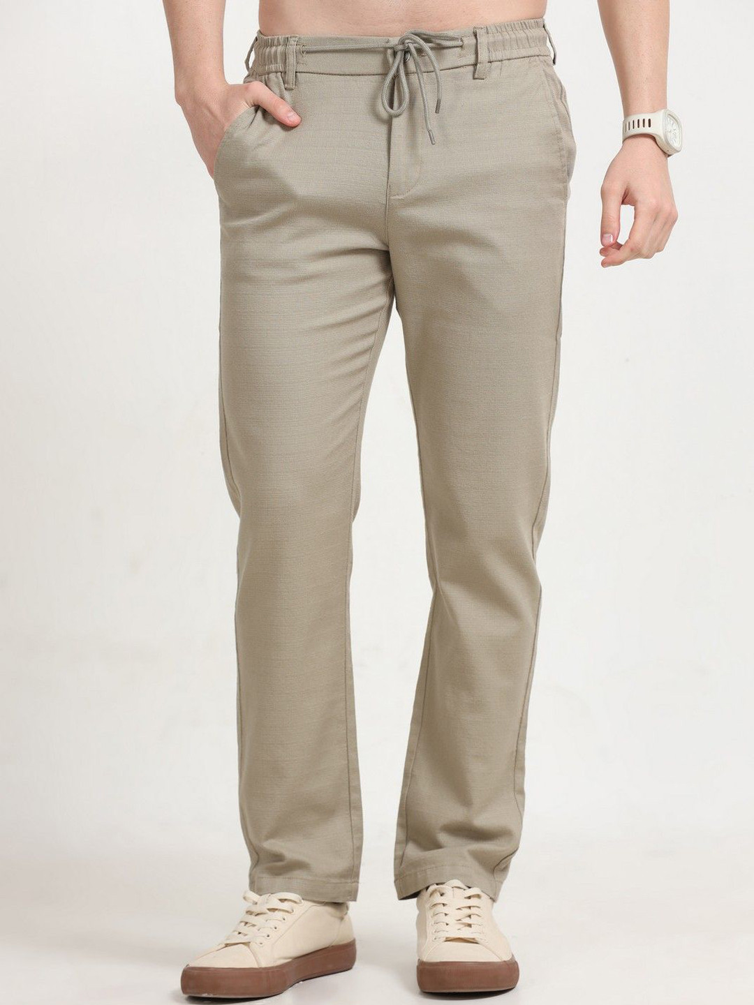 

THE BEETEL HOUSE Men Relaxed Fancy Linen Trousers, Green