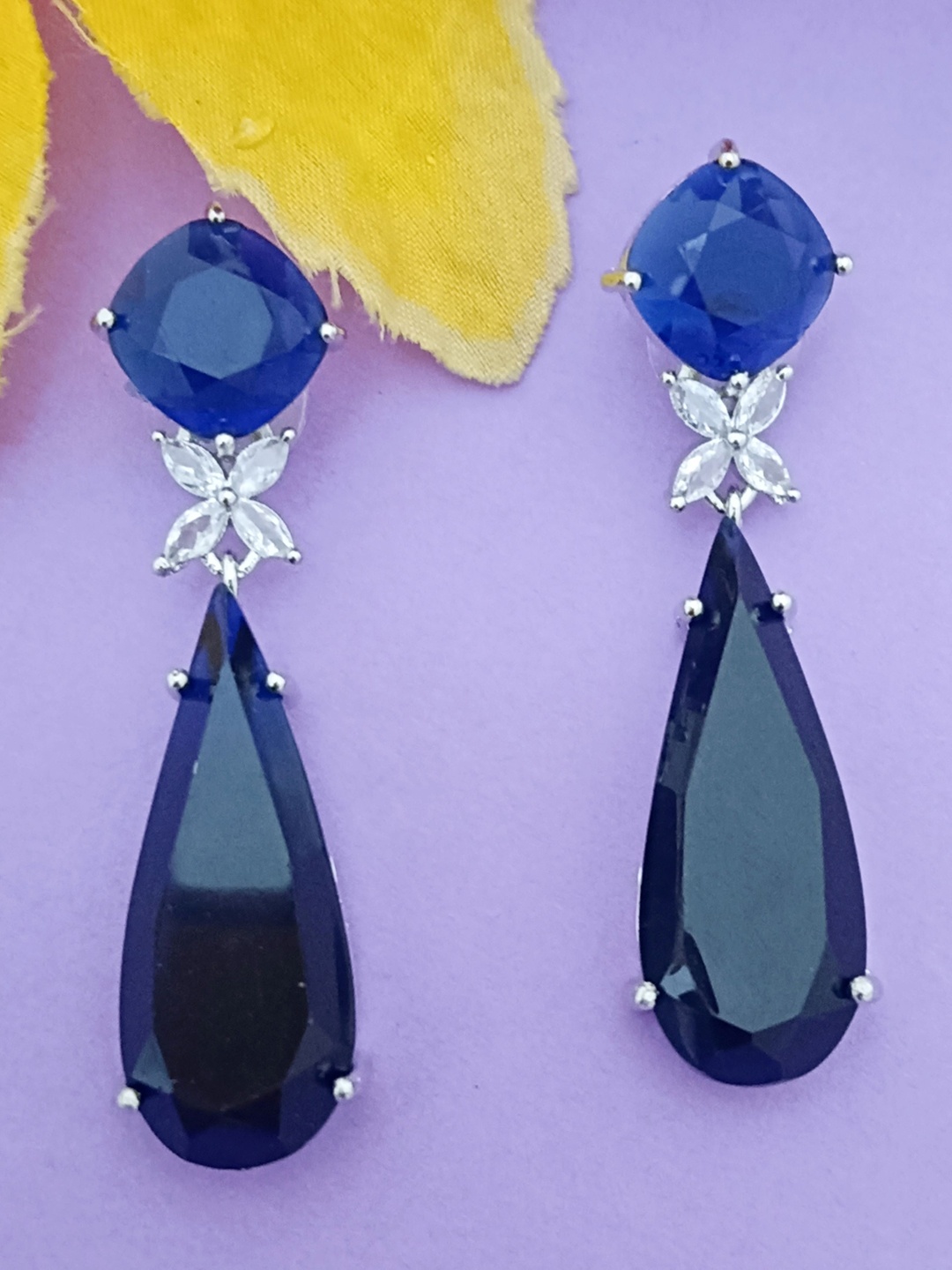 

EVY Silver-Plated Cubic Zirconia Studded Teardrop Shaped Drop Earrings, Blue