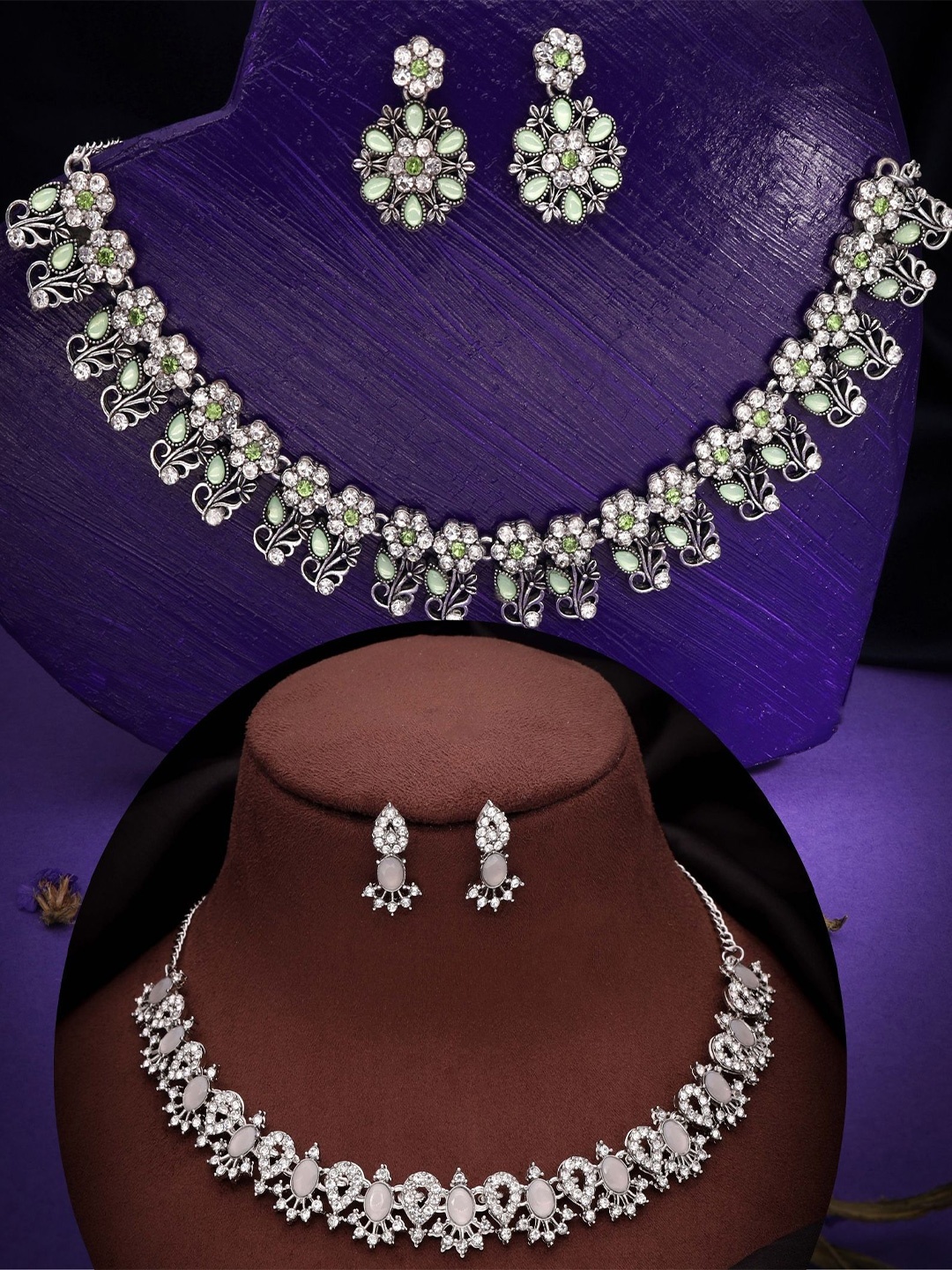

DIVASTRI Set Of 2 Silver-Plated American Diamond Studded Jewellery Set