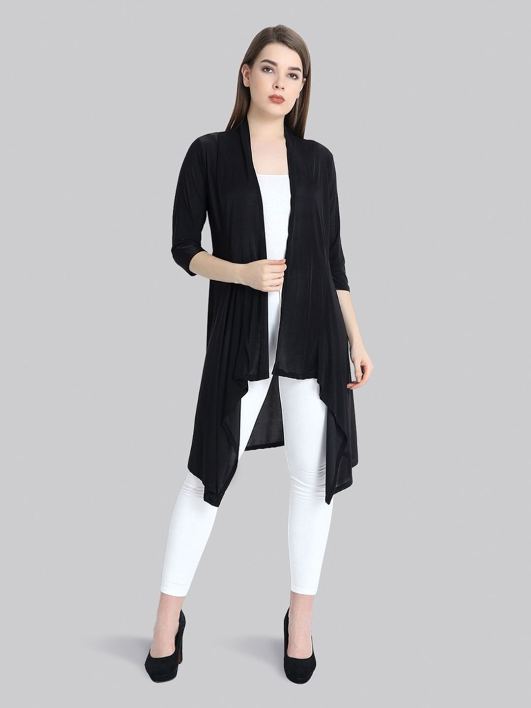 

DIMPY GARMENTS V-Neck Longline Open Front Shrug, Black