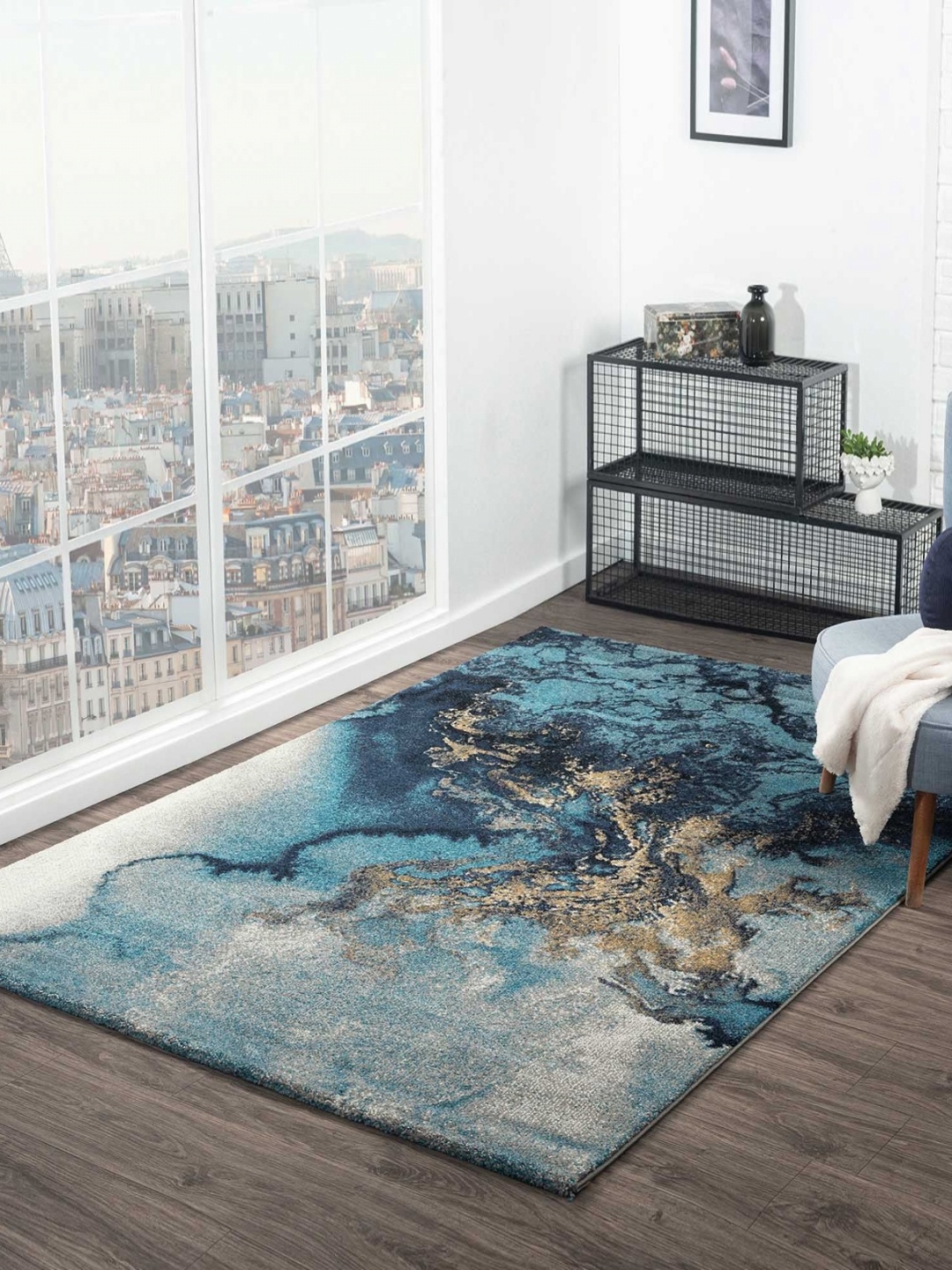 

OBSESSIONS Blue Abstract Anti-Skid Polypropylene Carpet