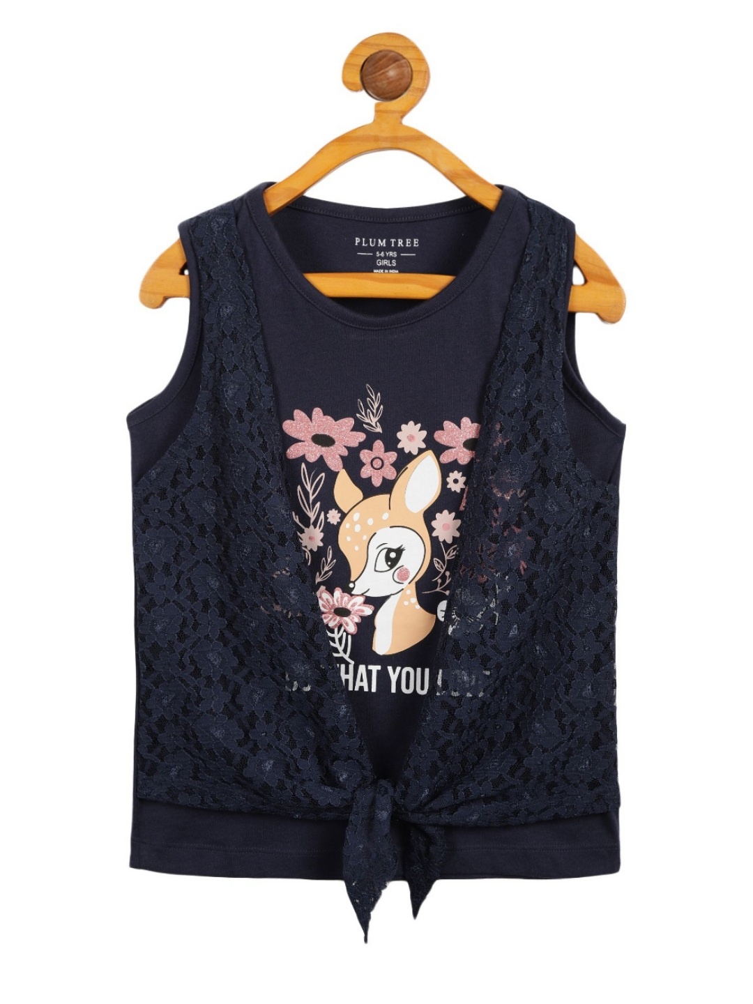 

PLUM TREE Girls Floral 2 Printed Pure Cotton Applique T-shirt, Coral