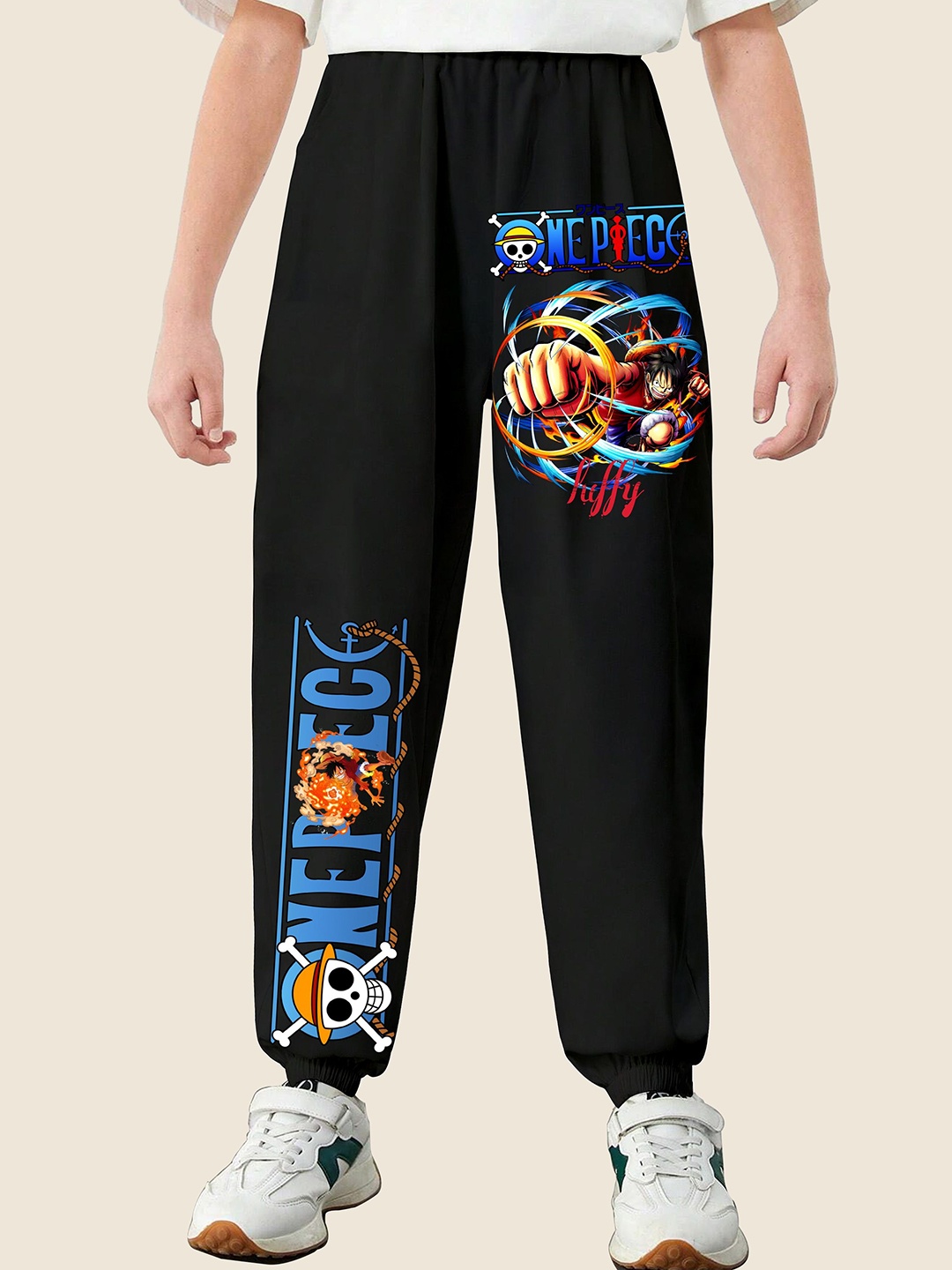 

MODARUE Boys Luffy Anime Printed Cotton Jogger Trousers, Black