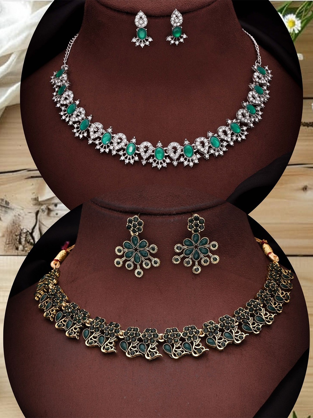 

DIVASTRI Set Of 2 Gold & Silver Plated American Diamond Studded Jewellery Set
