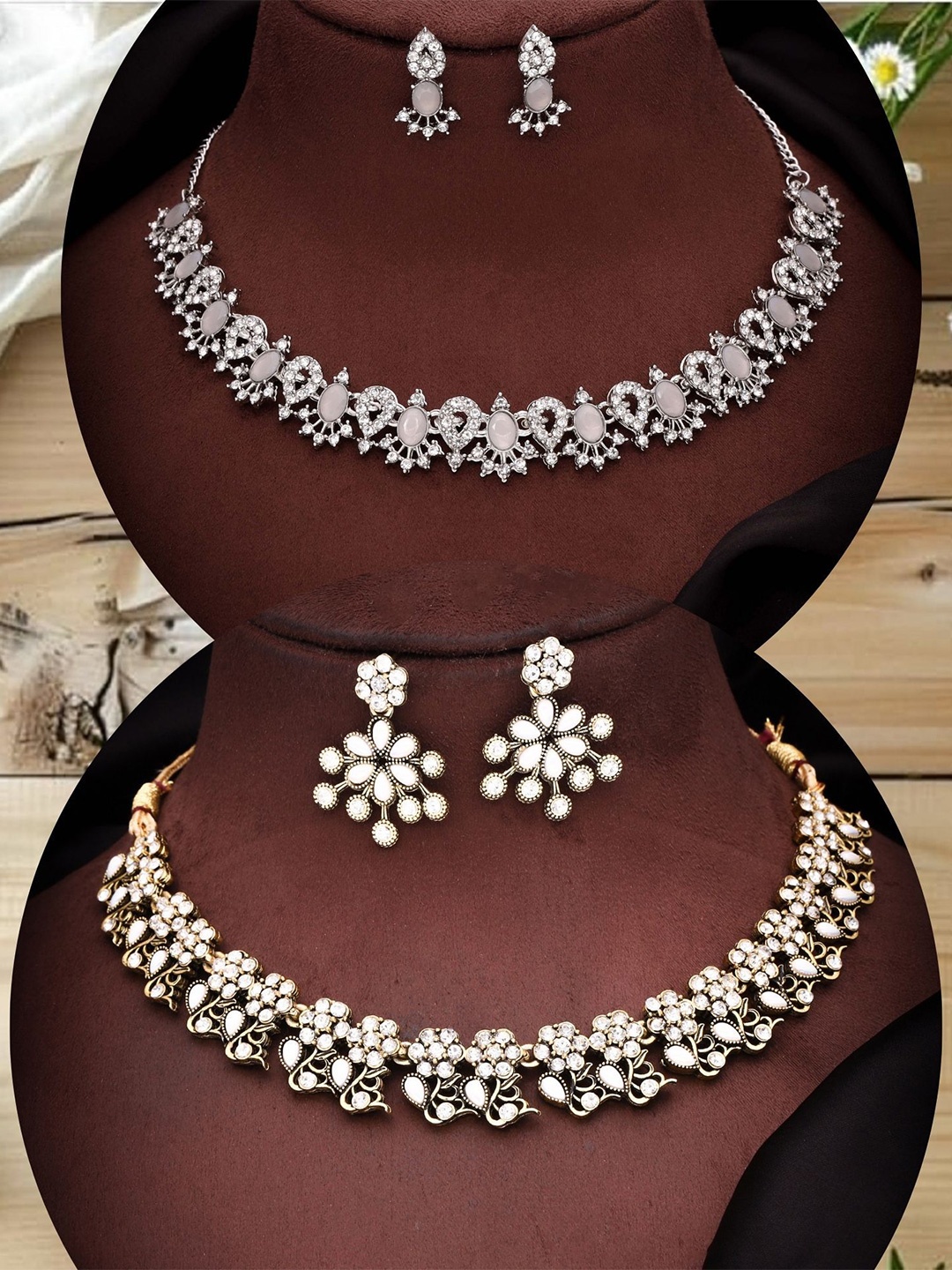 

DIVASTRI Set Of 2 Gold-Plated American Diamond Studded Jewellery Sets