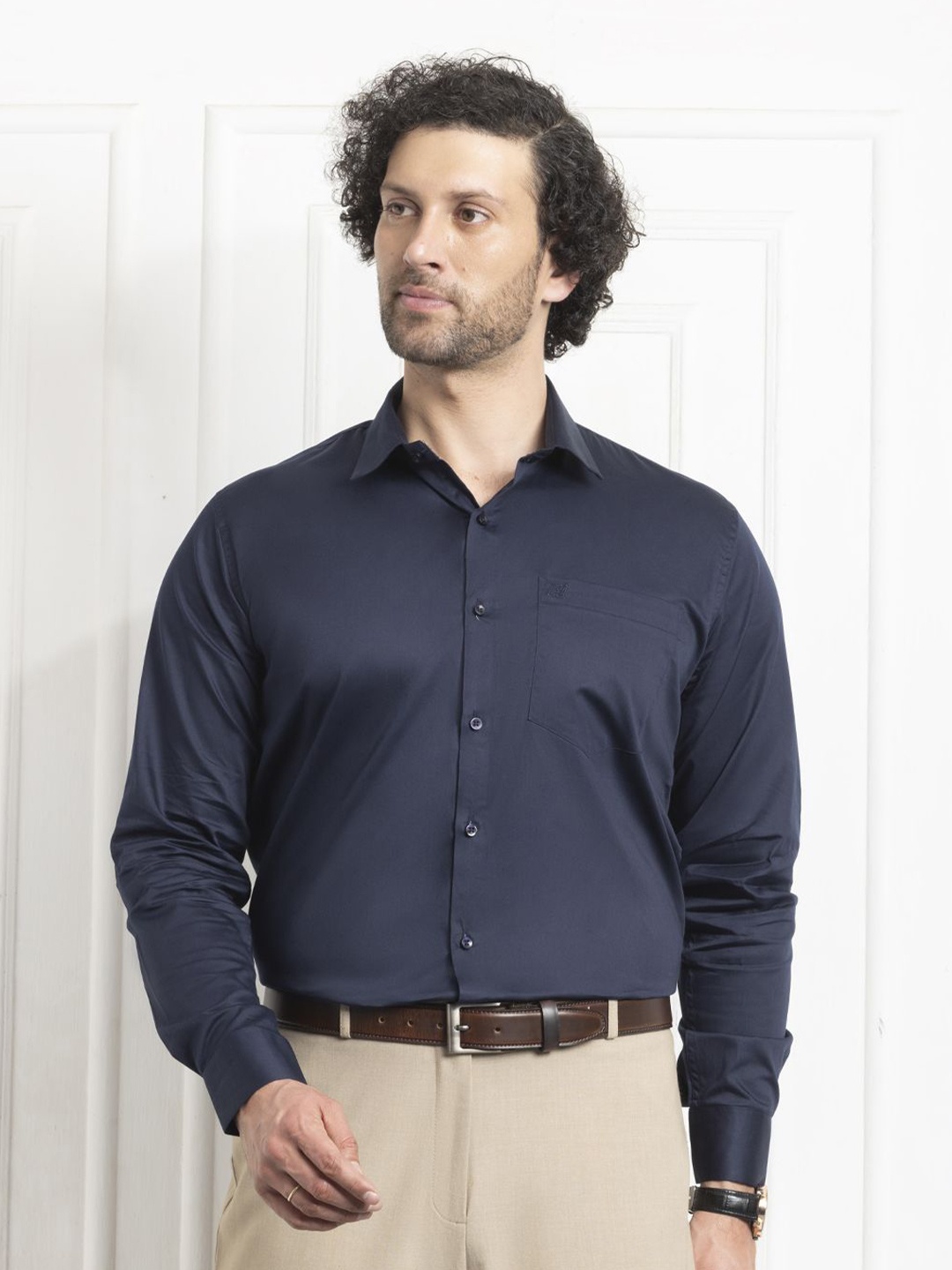 

FILO HEVIS Men Formal Cotton Satin Shirt with Pocket, Navy blue