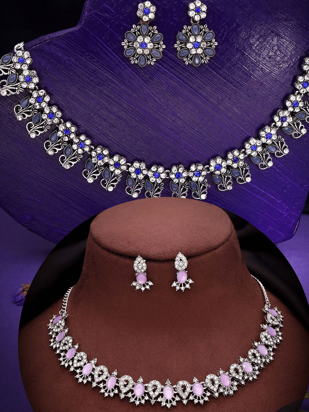 

DIVASTRI Set Of 2 Silver-Plated American Diamond Studded Jewellery Sets